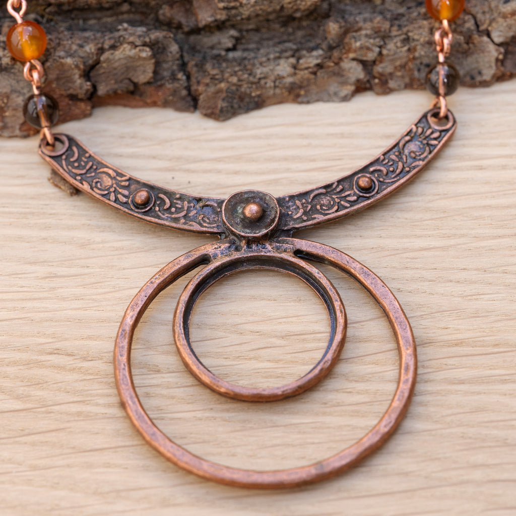 Carnelian, Smoky Quartz & Picasso Jasper Necklace in Copper