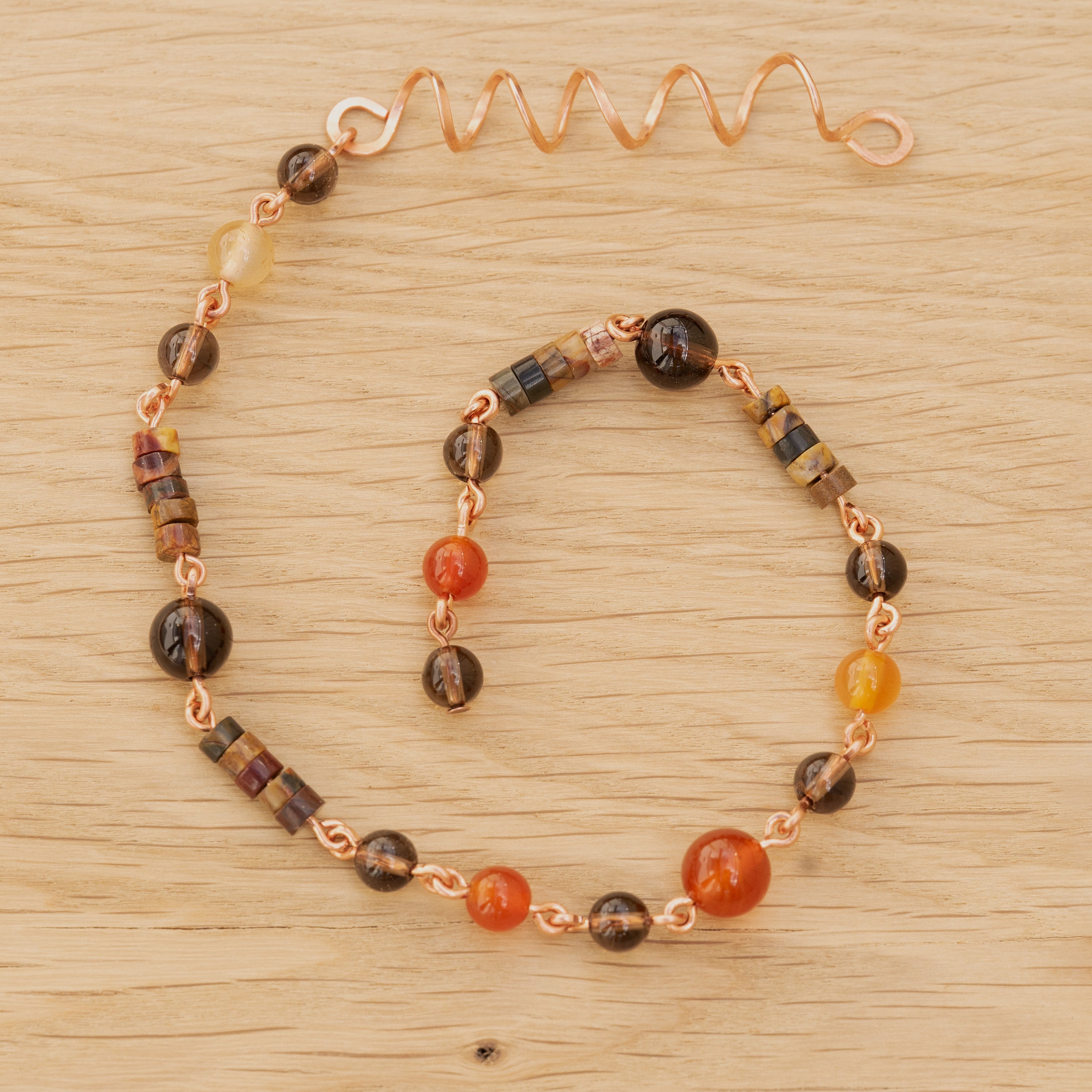 Carnelian, Smoky Quartz & Picasso Jasper Hair Twist in Copper