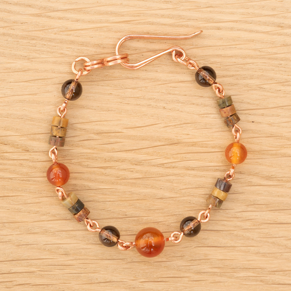 Carnelian, Smoky Quarts & Picasso Jasper Bracelet in Copper