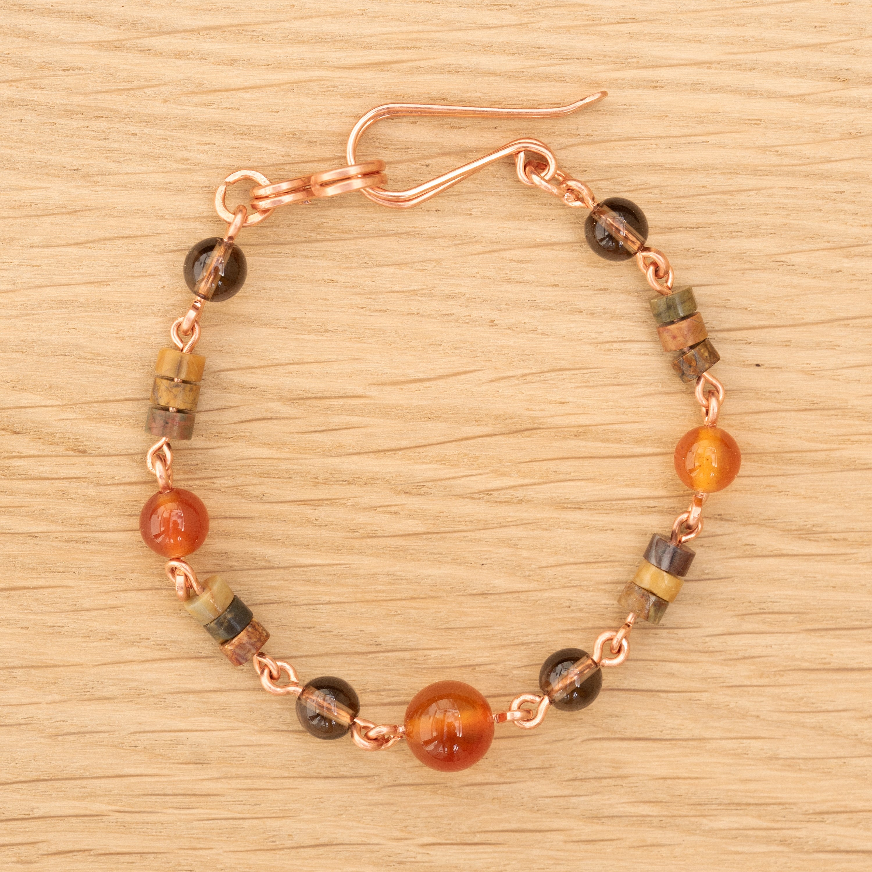 Carnelian, Smoky Quarts & Picasso Jasper Bracelet in Copper