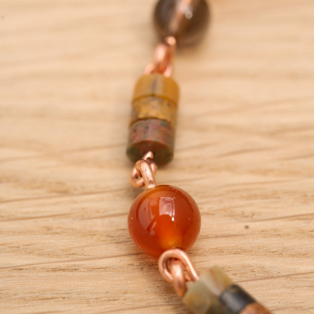 Carnelian, Smoky Quarts & Picasso Jasper Bracelet in Copper