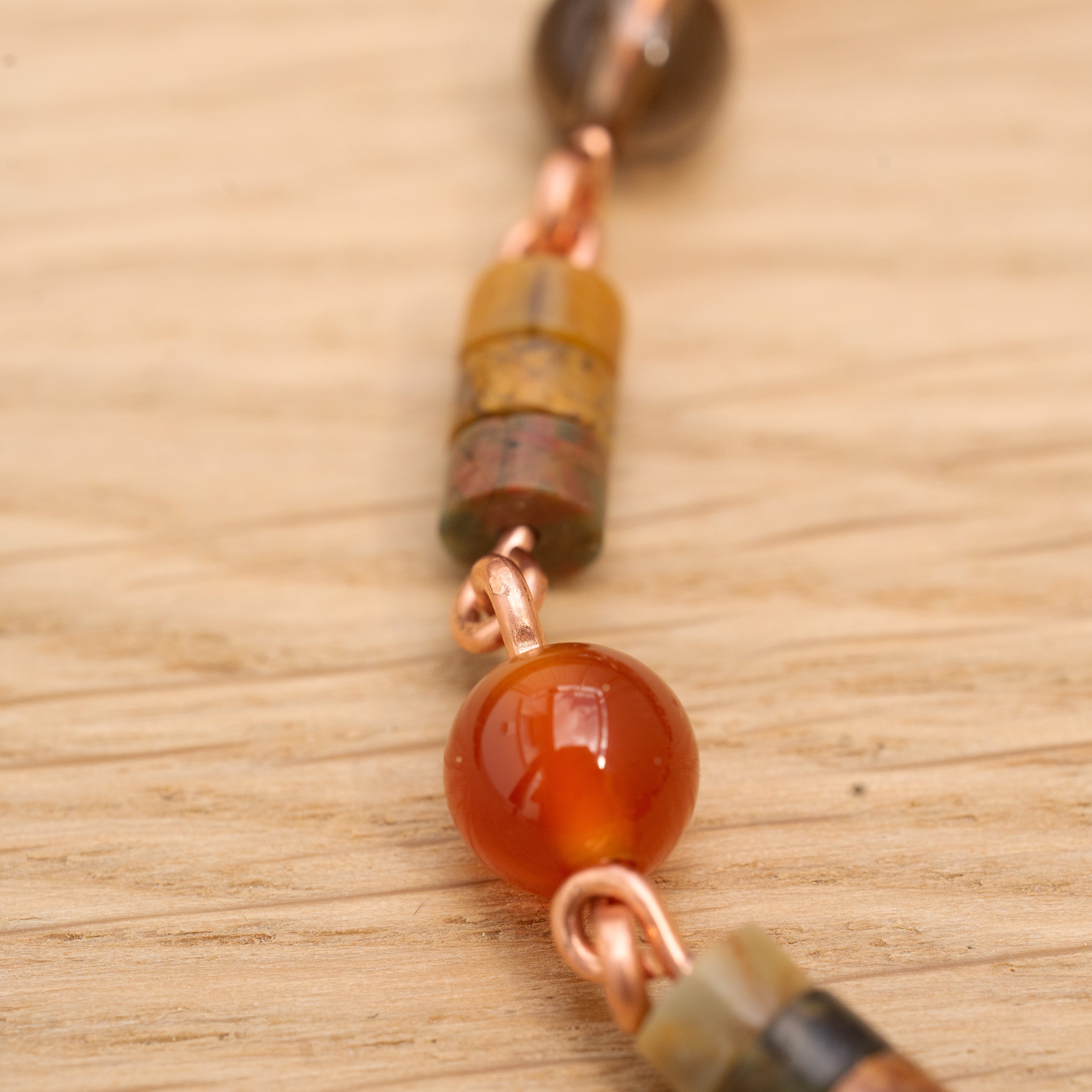 Carnelian, Smoky Quarts & Picasso Jasper Bracelet in Copper