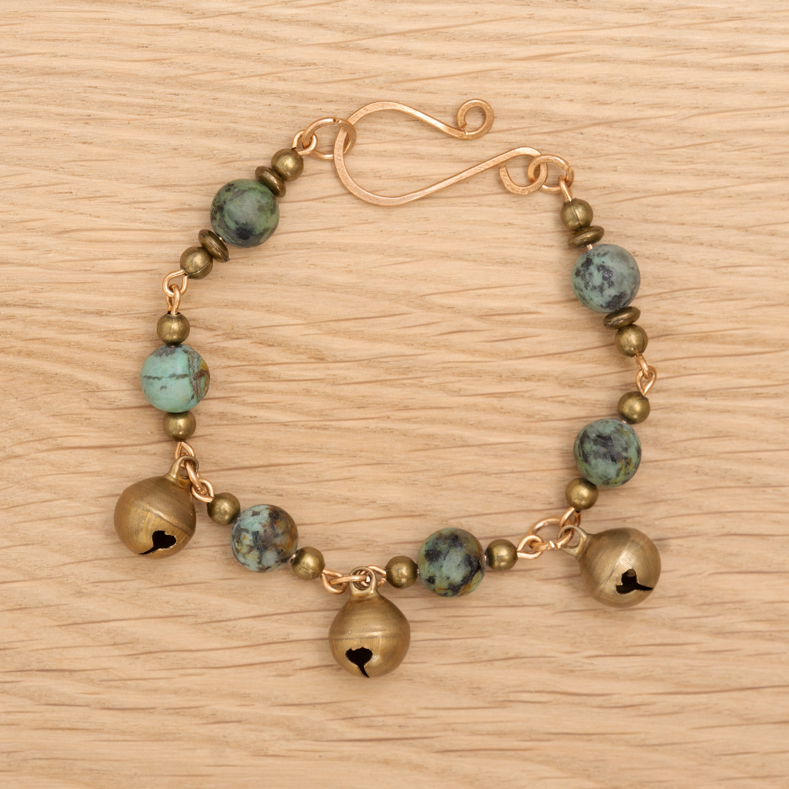 African Turquoise Bell Bracelet in Bronze