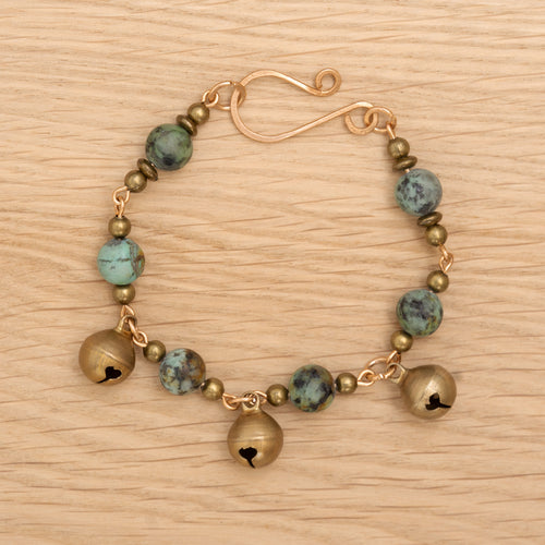 African Turquoise Bell Bracelet in Bronze