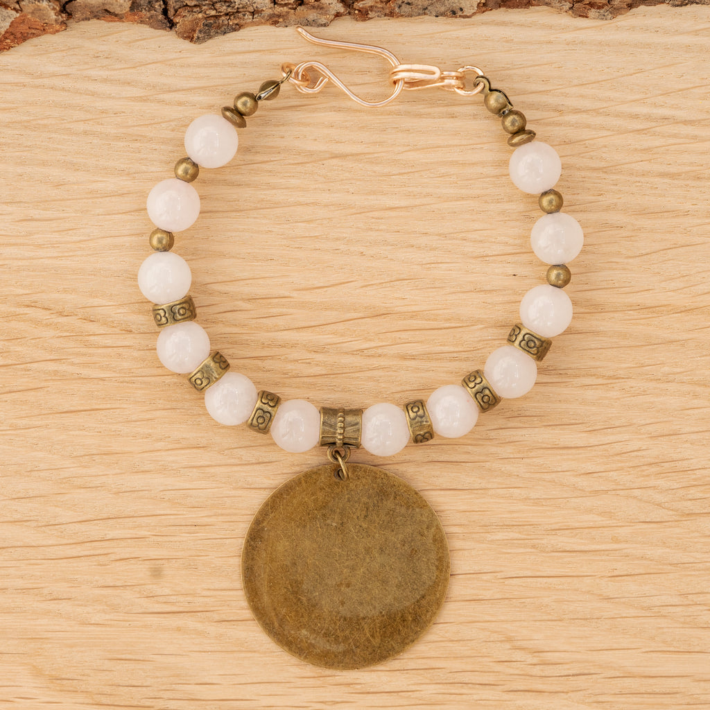 Rose Quartz Bracelet with Bronze Pendant
