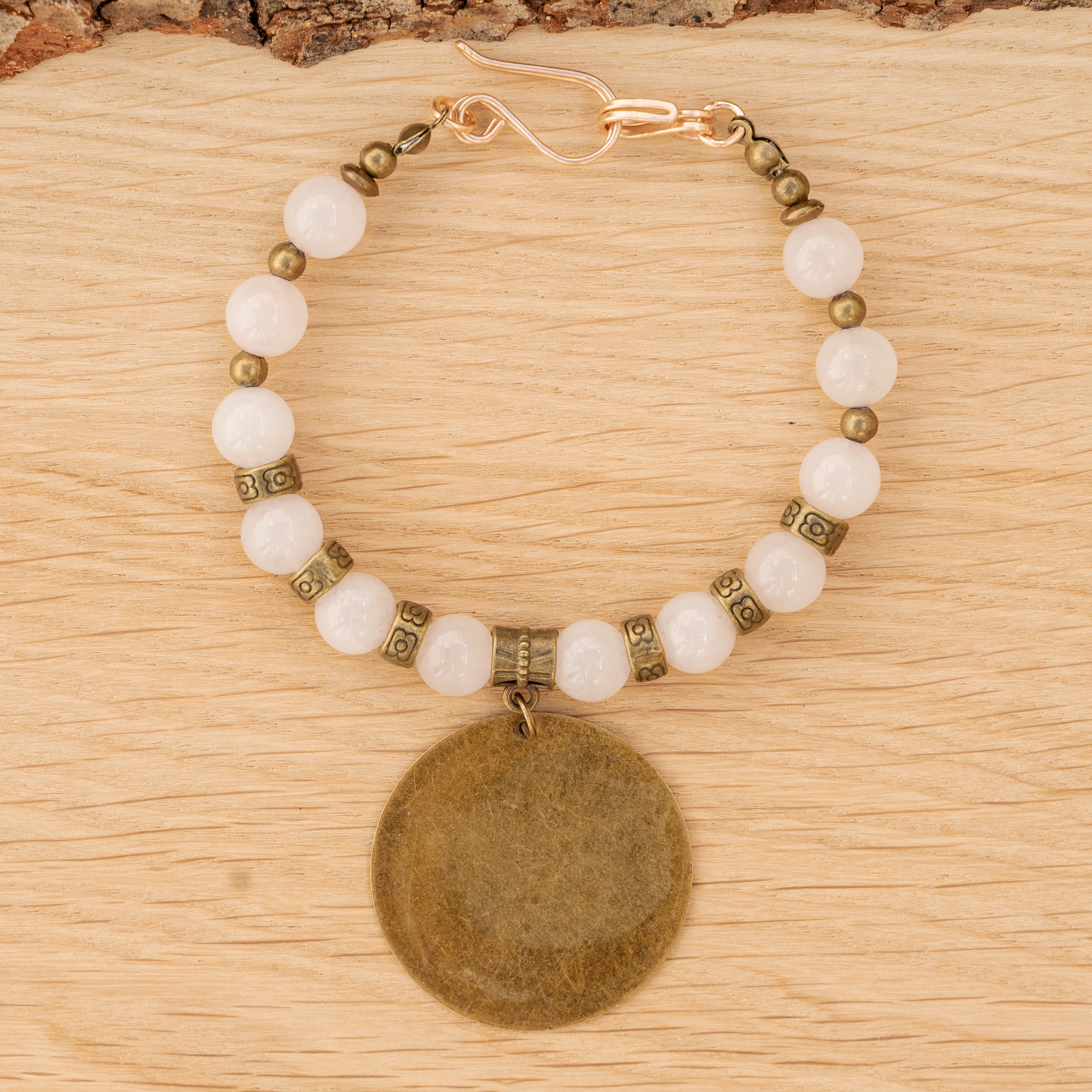 Rose Quartz Bracelet with Bronze Pendant