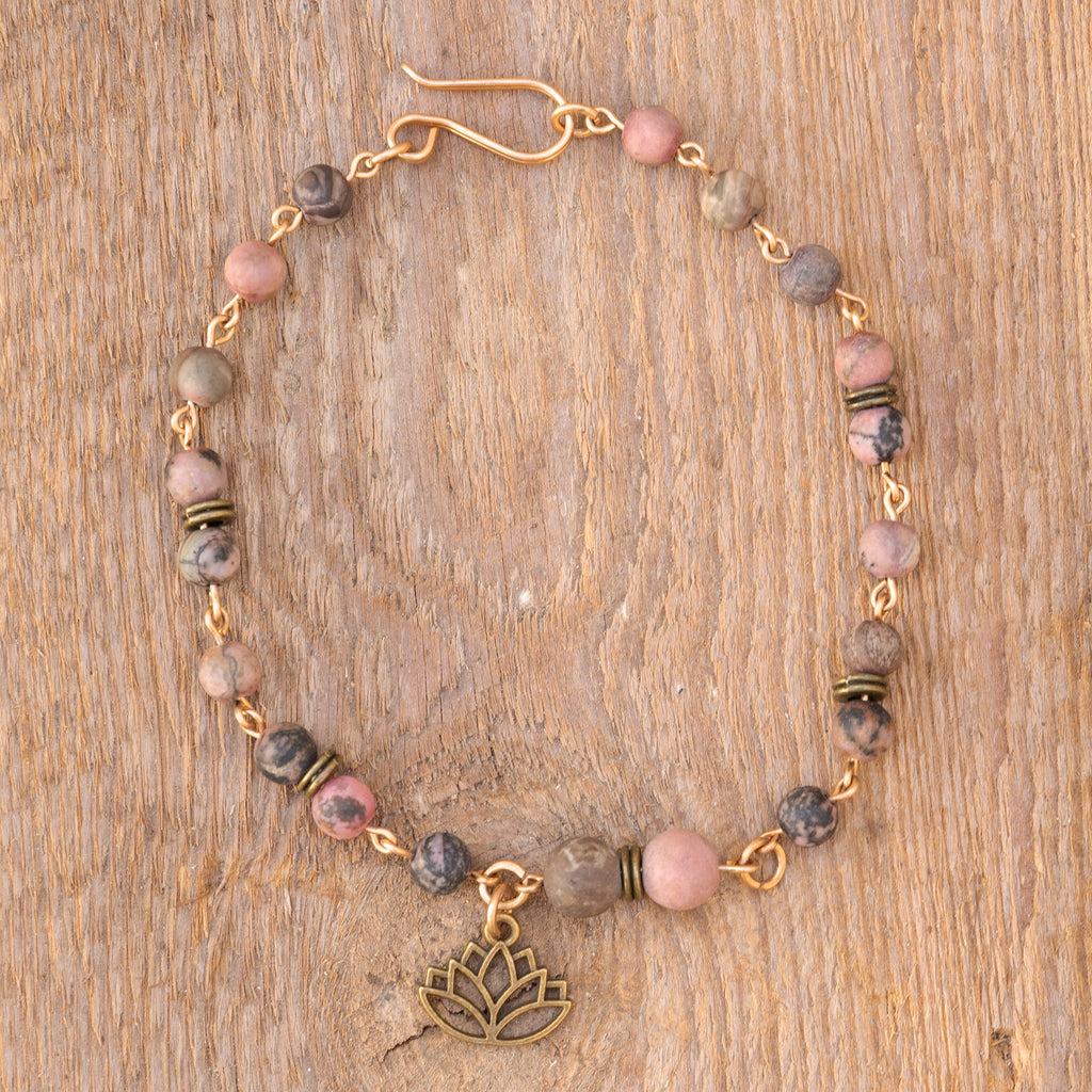 Rhodonite Anklet with Lotus Charm in Bronze