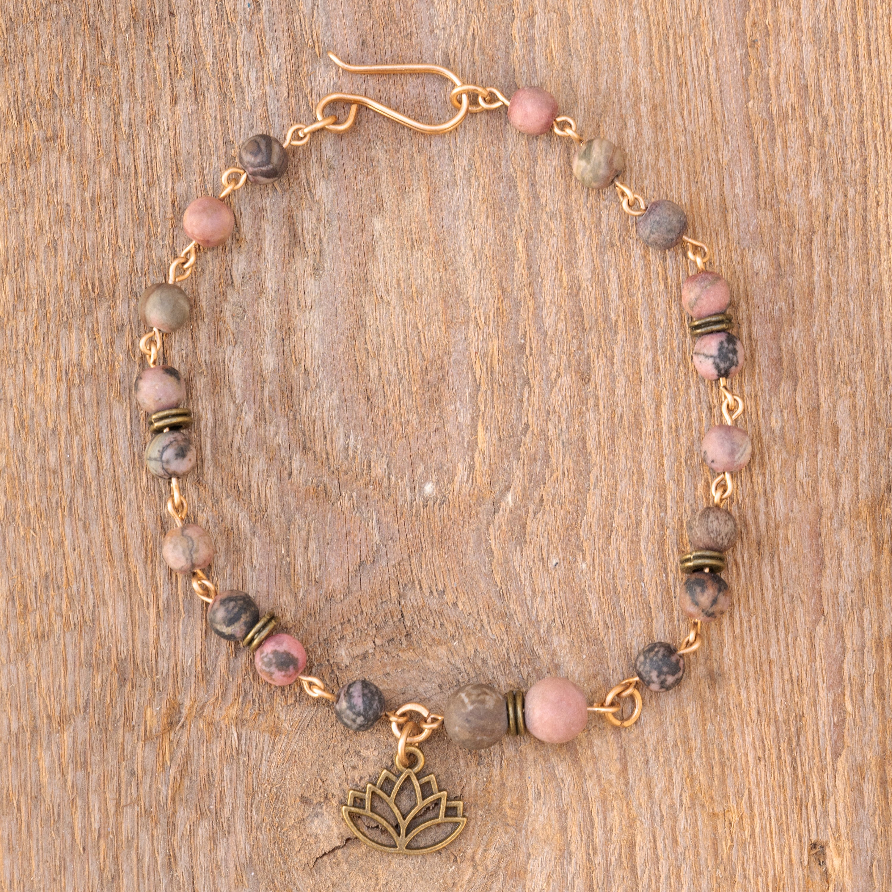 Rhodonite Anklet with Lotus Charm in Bronze