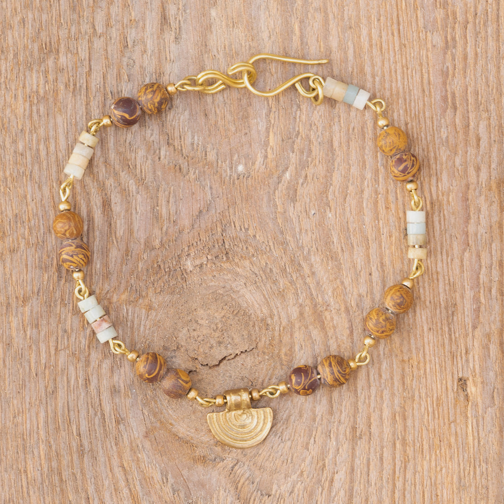 Elephant Skin Jasper & Amazonite Anklet in Brass with Charm