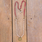 Bohemian Necklace with Rose Quartz, Bronze & Fabric