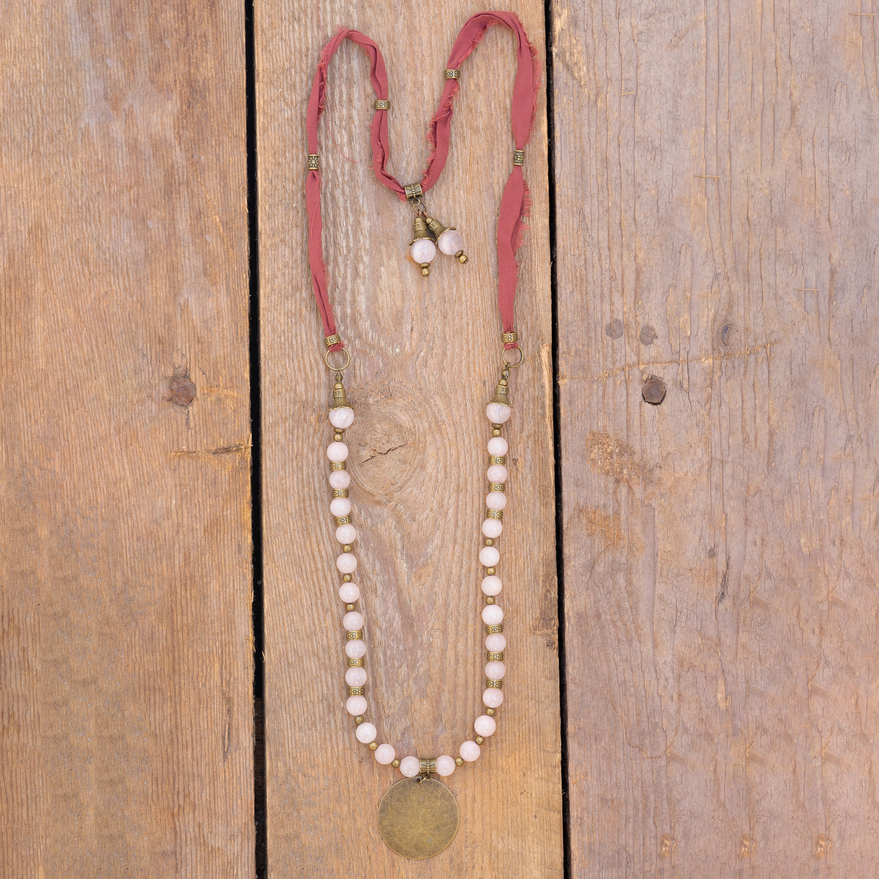 Bohemian Necklace with Rose Quartz, Bronze & Fabric