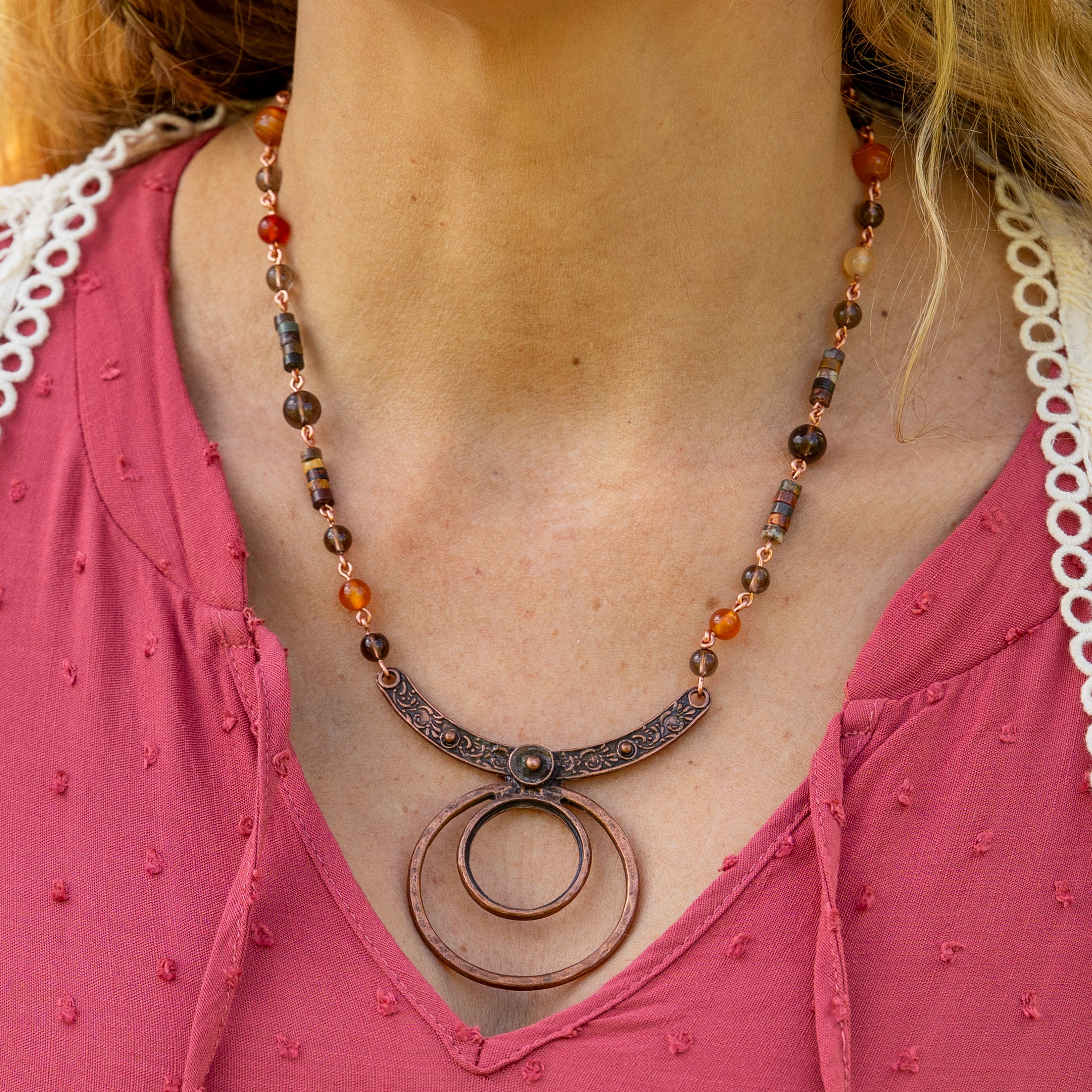 Carnelian, Smoky Quartz & Picasso Jasper Necklace in Copper