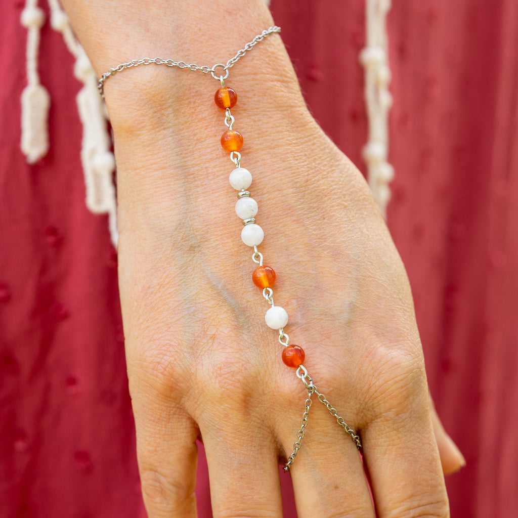 Carnelian & Moonstone Hand Chain in Stainless Steel