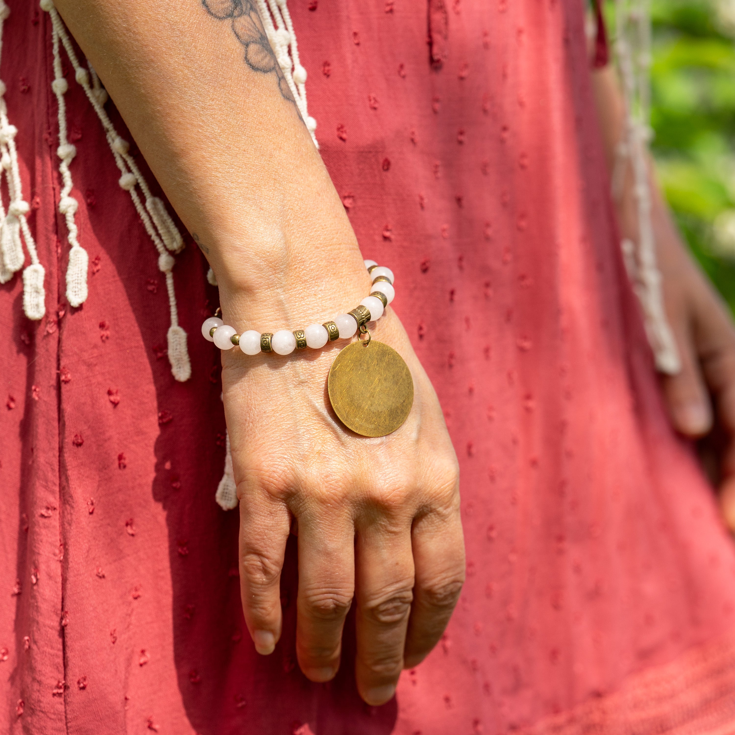 Rose Quartz Bracelet with Bronze Pendant