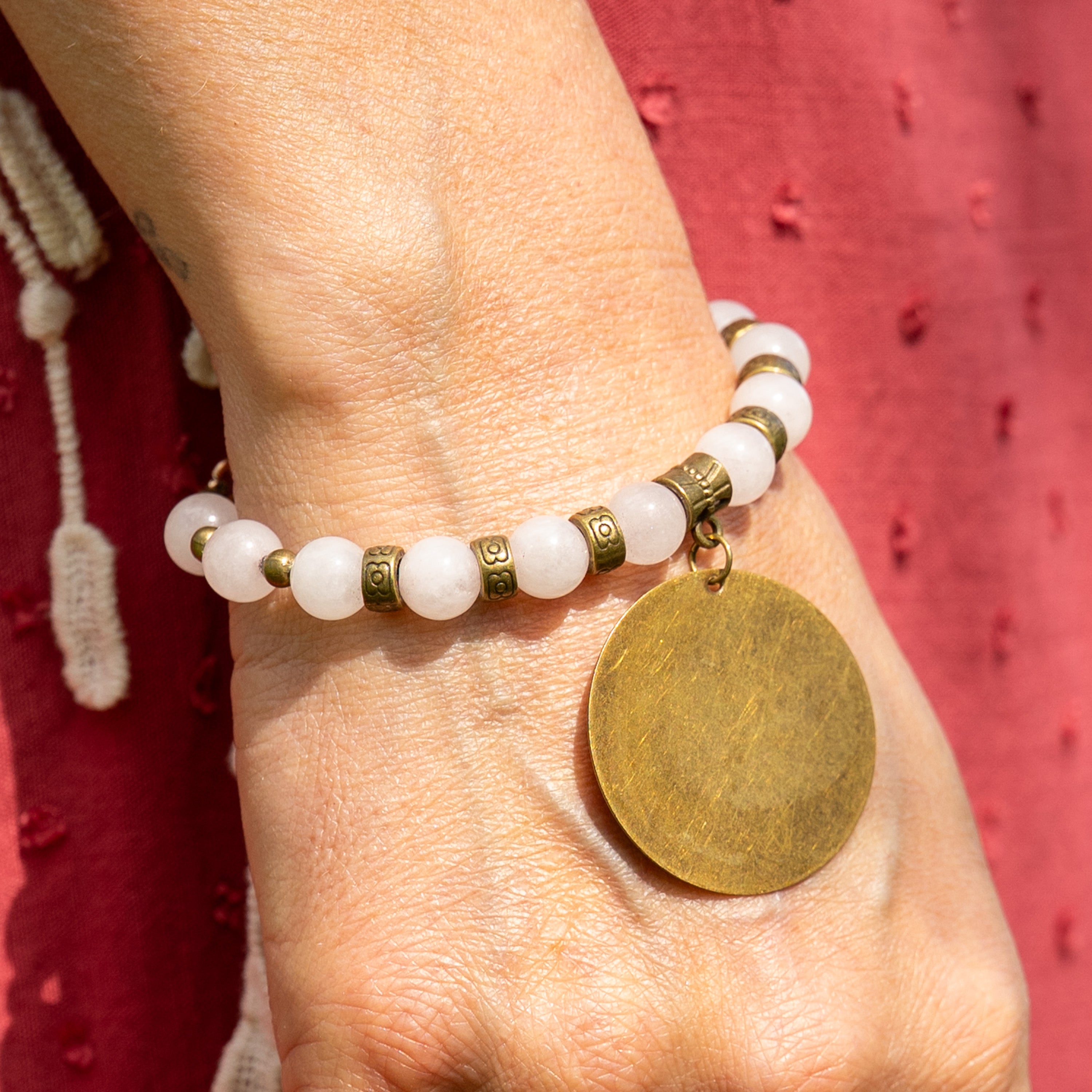 Rose Quartz Bracelet with Bronze Pendant