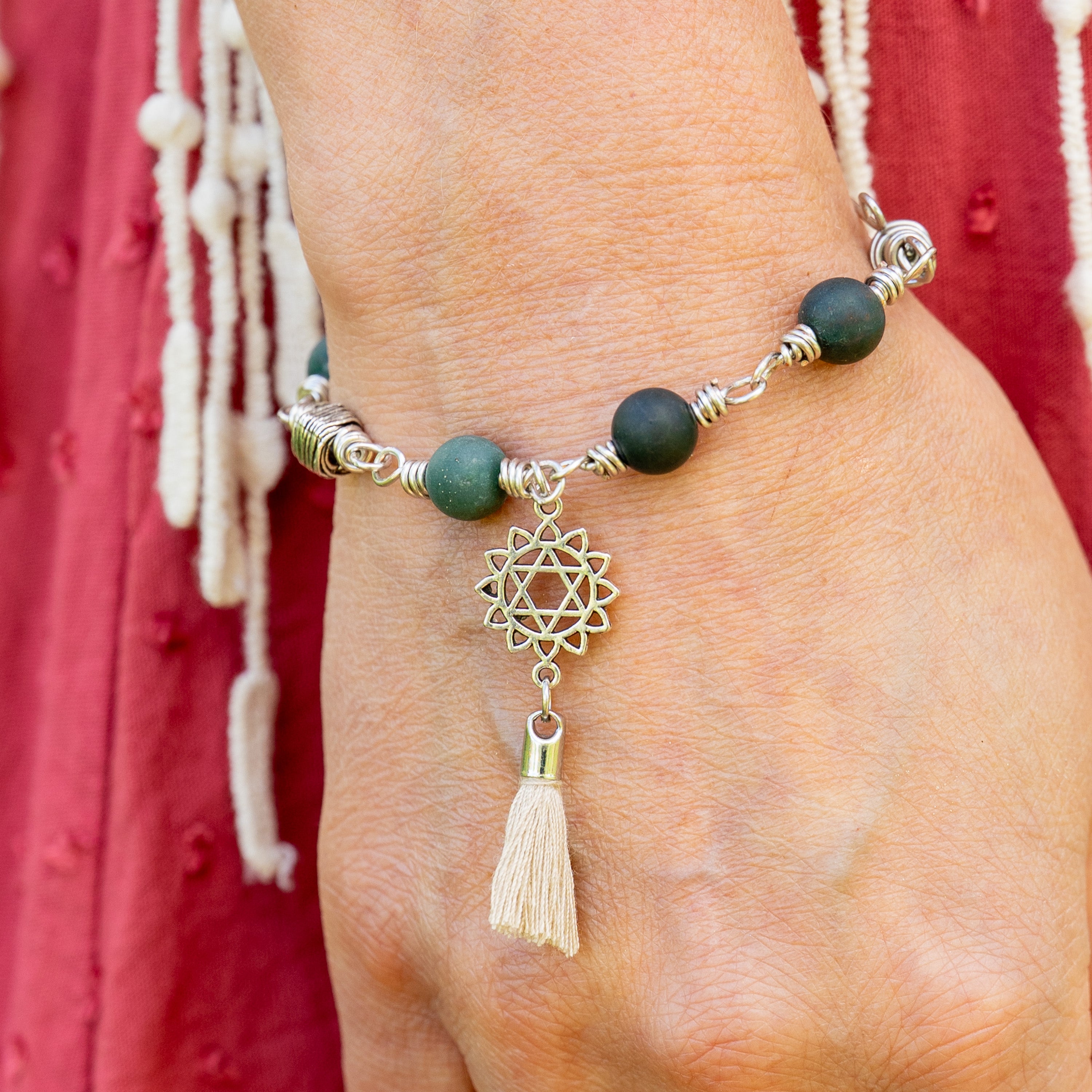 Heart Chakra Bracelet – Anahata in Stainless Steel with Green Moss Agate