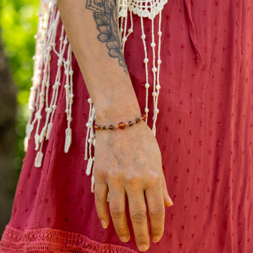 Carnelian, Smoky Quarts & Picasso Jasper Bracelet in Copper
