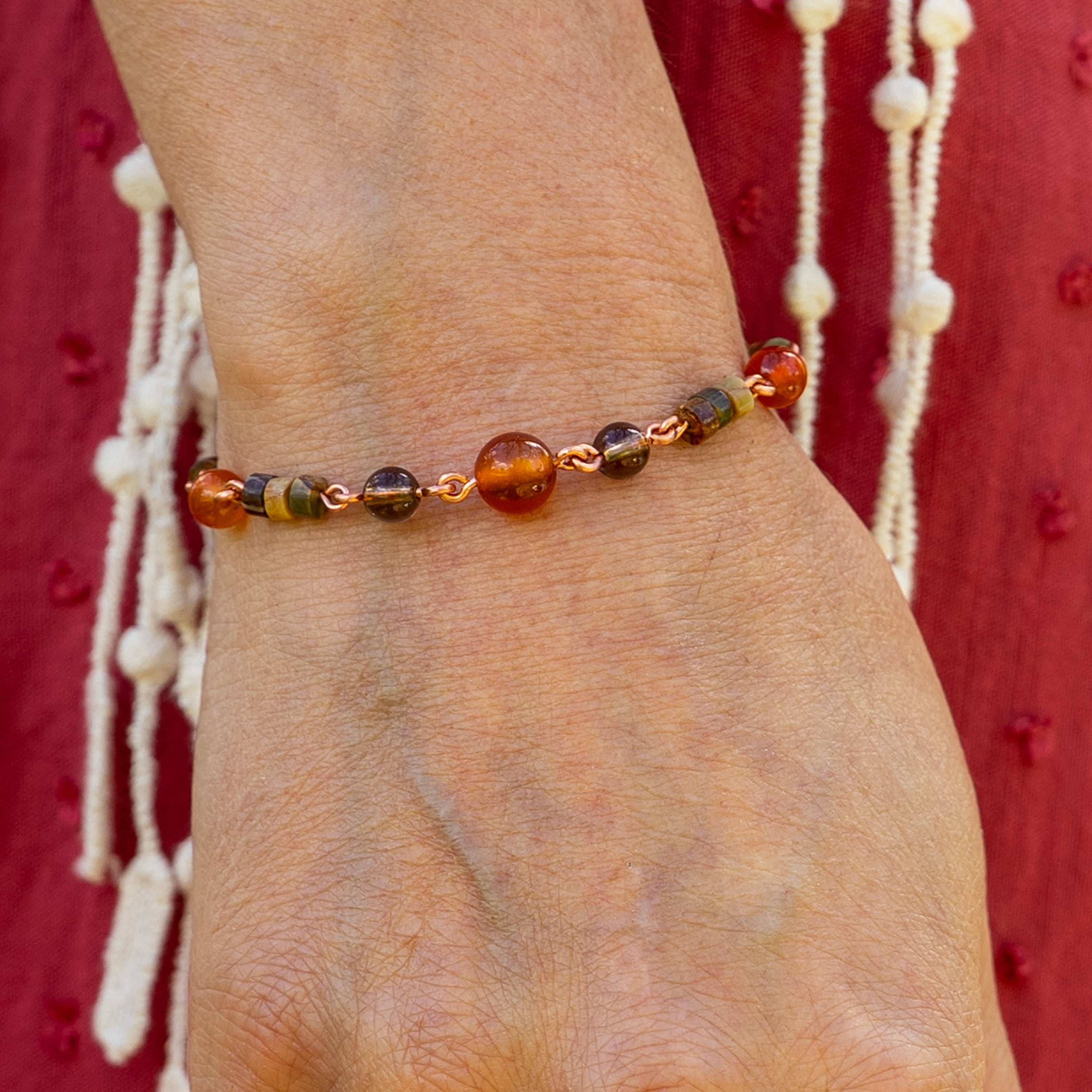 Carnelian, Smoky Quarts & Picasso Jasper Bracelet in Copper