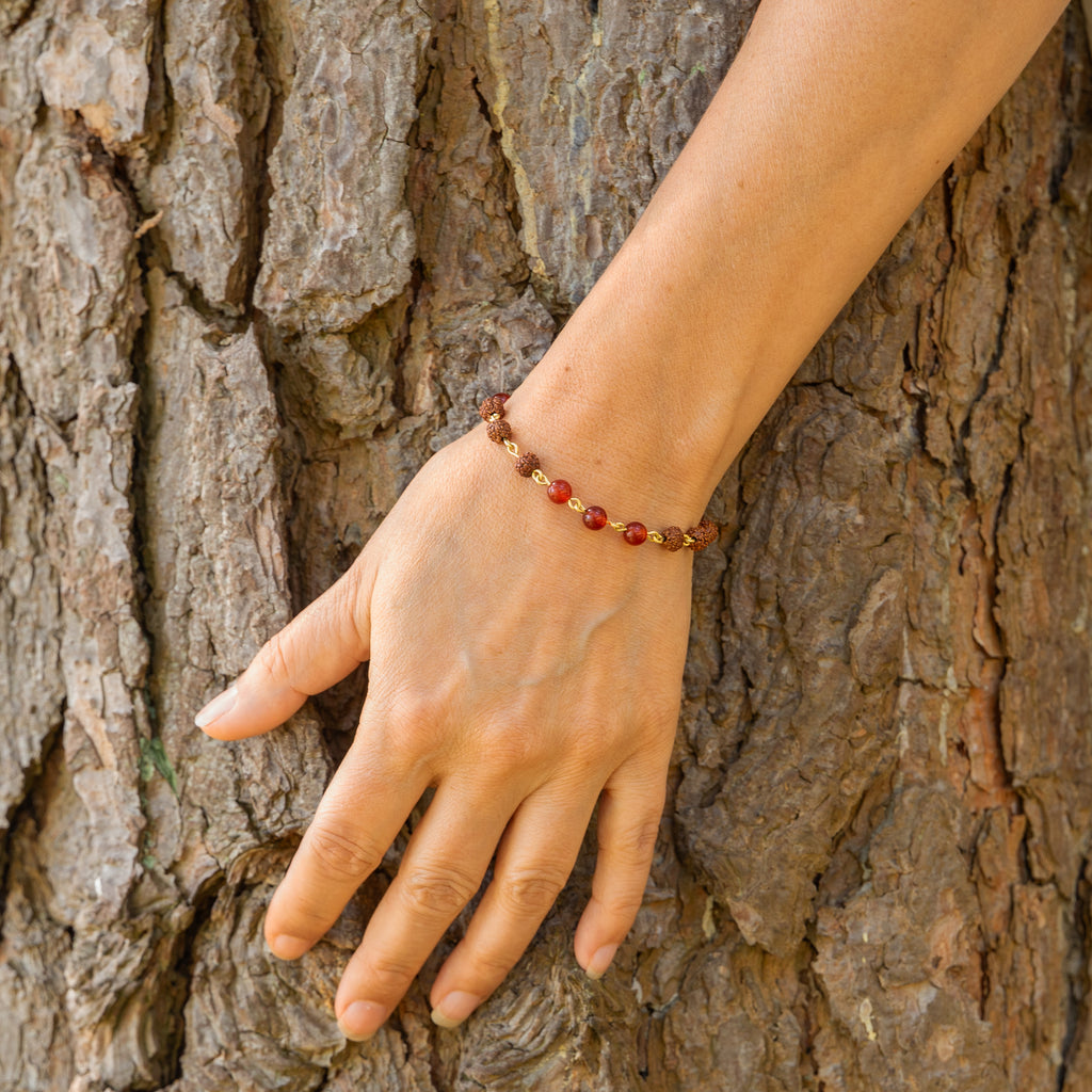 Red Agate & Rudraksha Bracelet in Brass