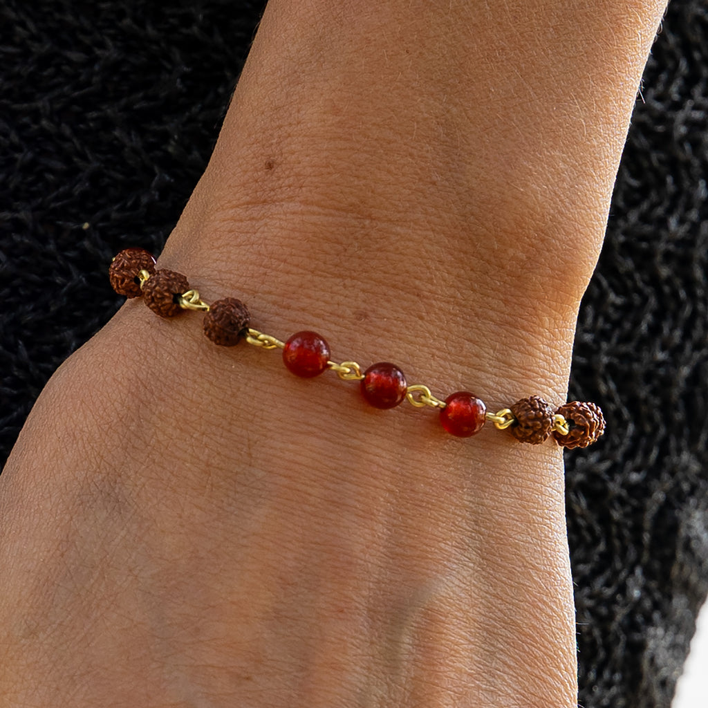 Red Agate & Rudraksha Bracelet in Brass