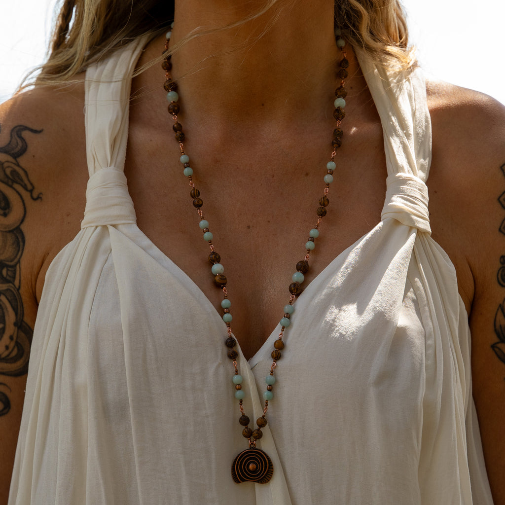 Amazonite & Elephant Skin Jasper Necklace in Copper
