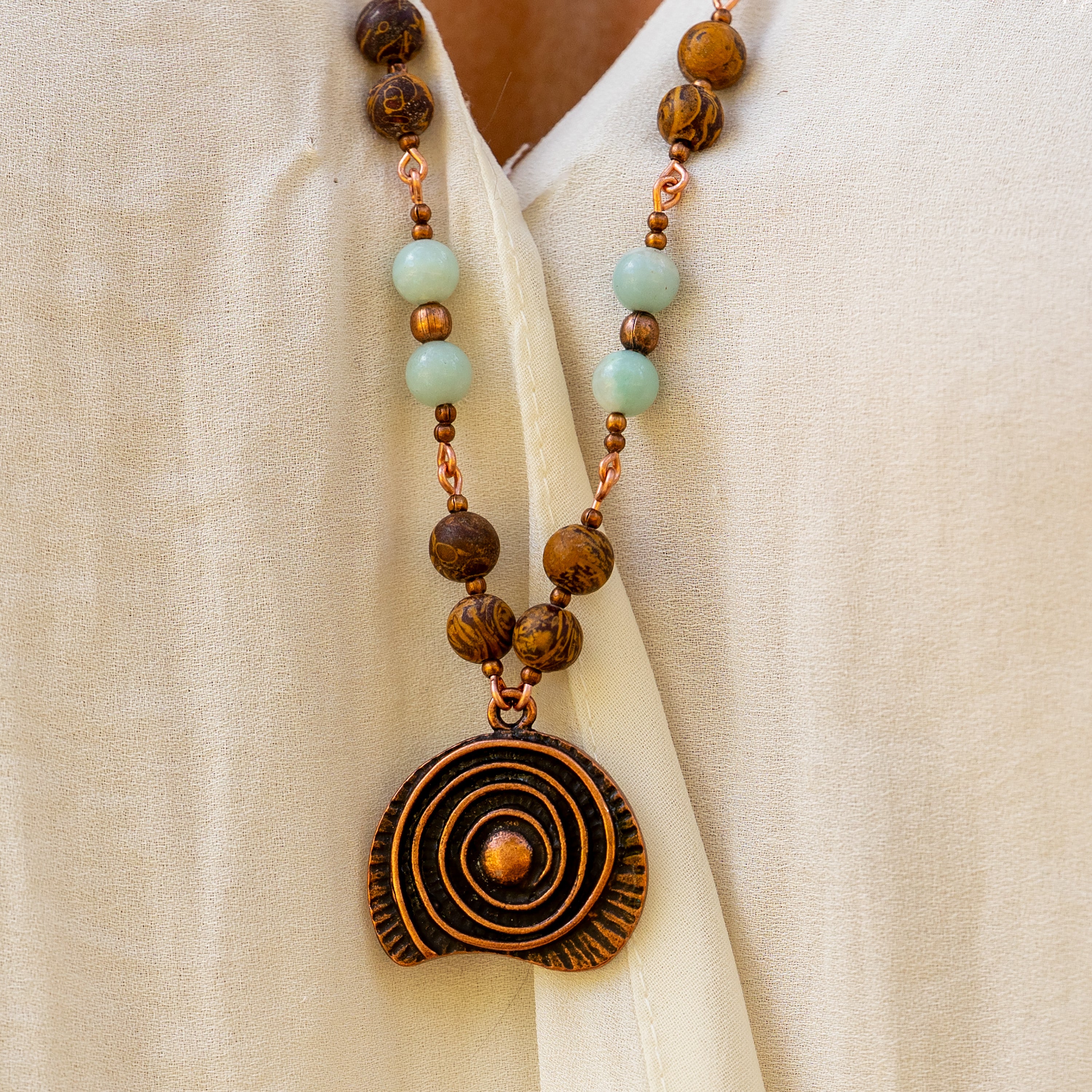 Amazonite & Elephant Skin Jasper Necklace in Copper