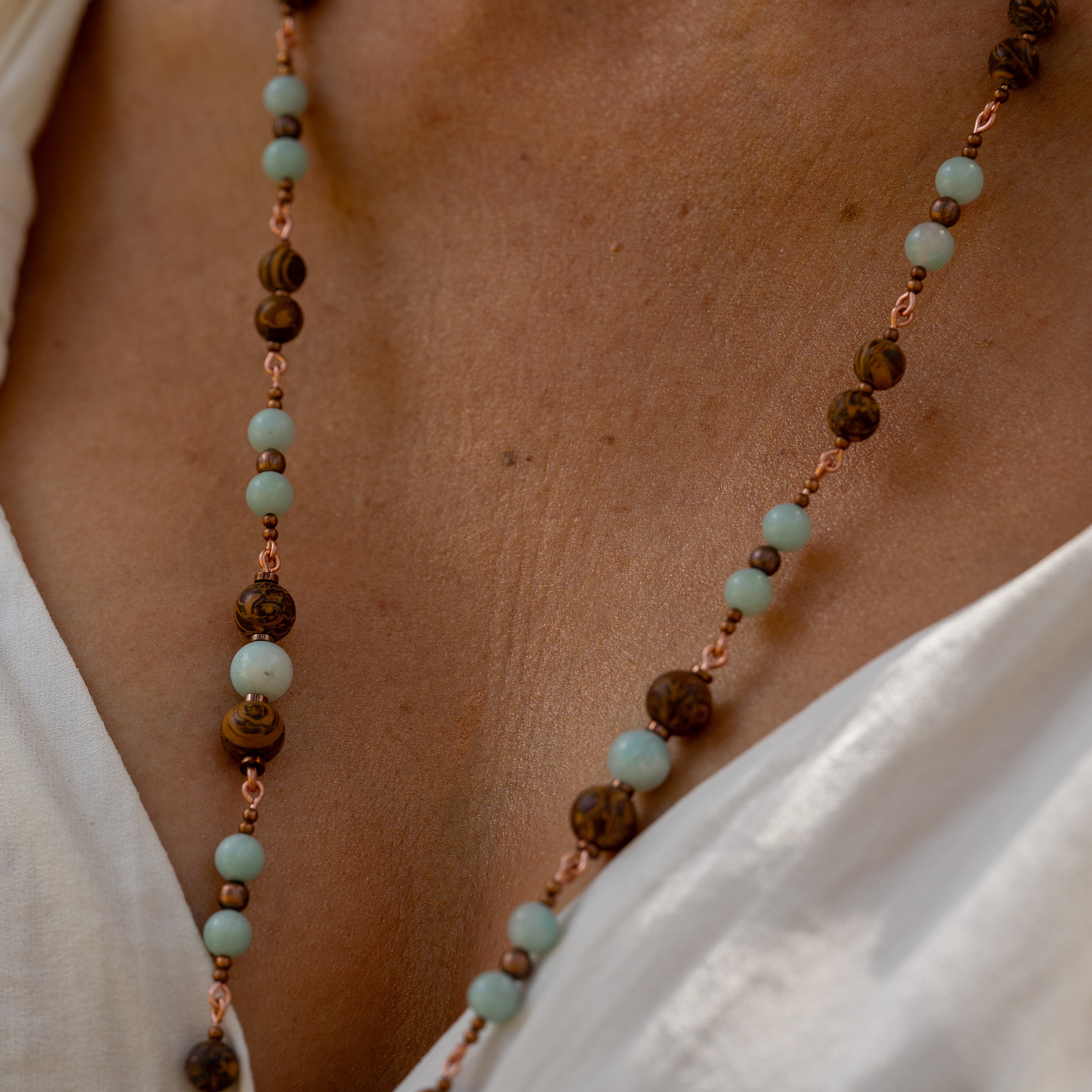 Amazonite & Elephant Skin Jasper Necklace in Copper