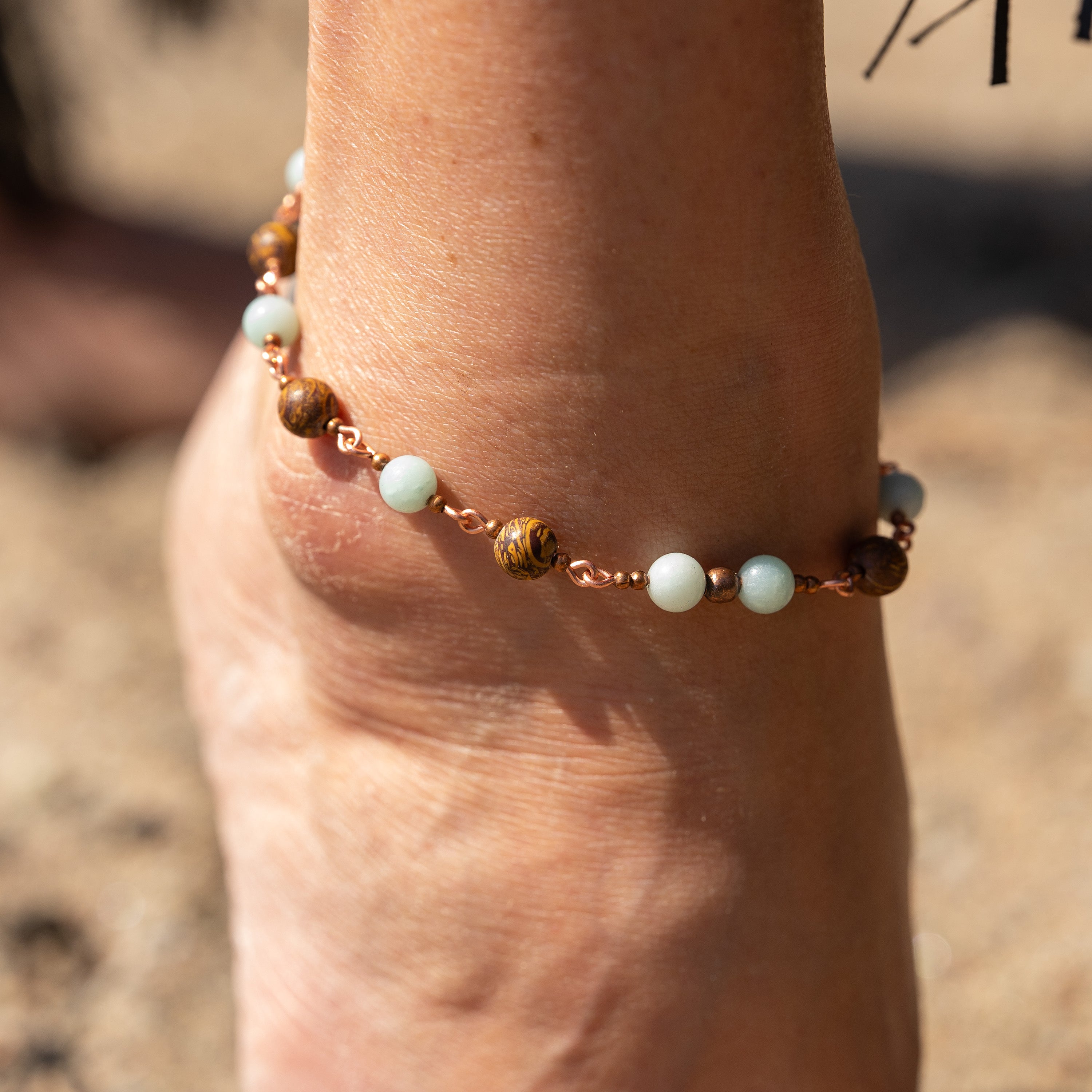 Amazonite & Elephant Skin Jasper Anklet in Copper