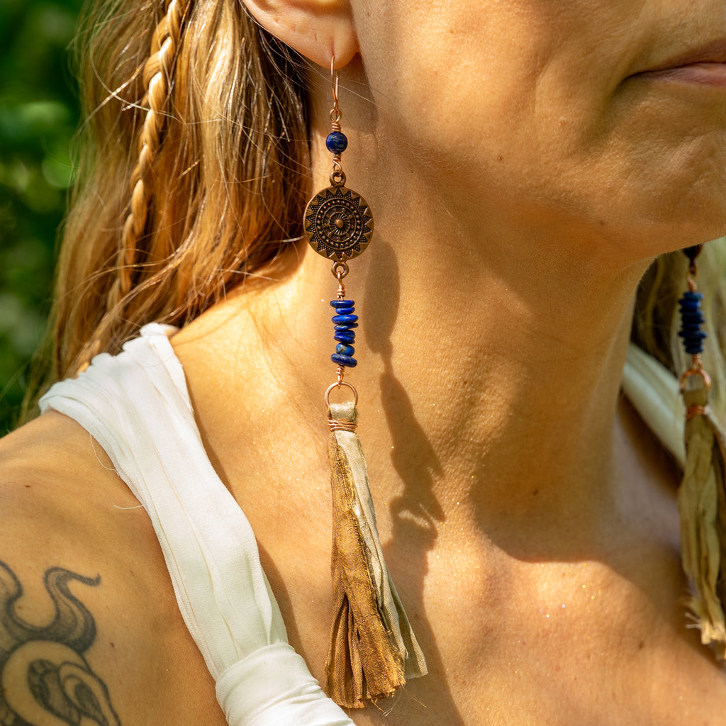 Lapis Lazuli & Sari Silk Tassel Earrings in Copper