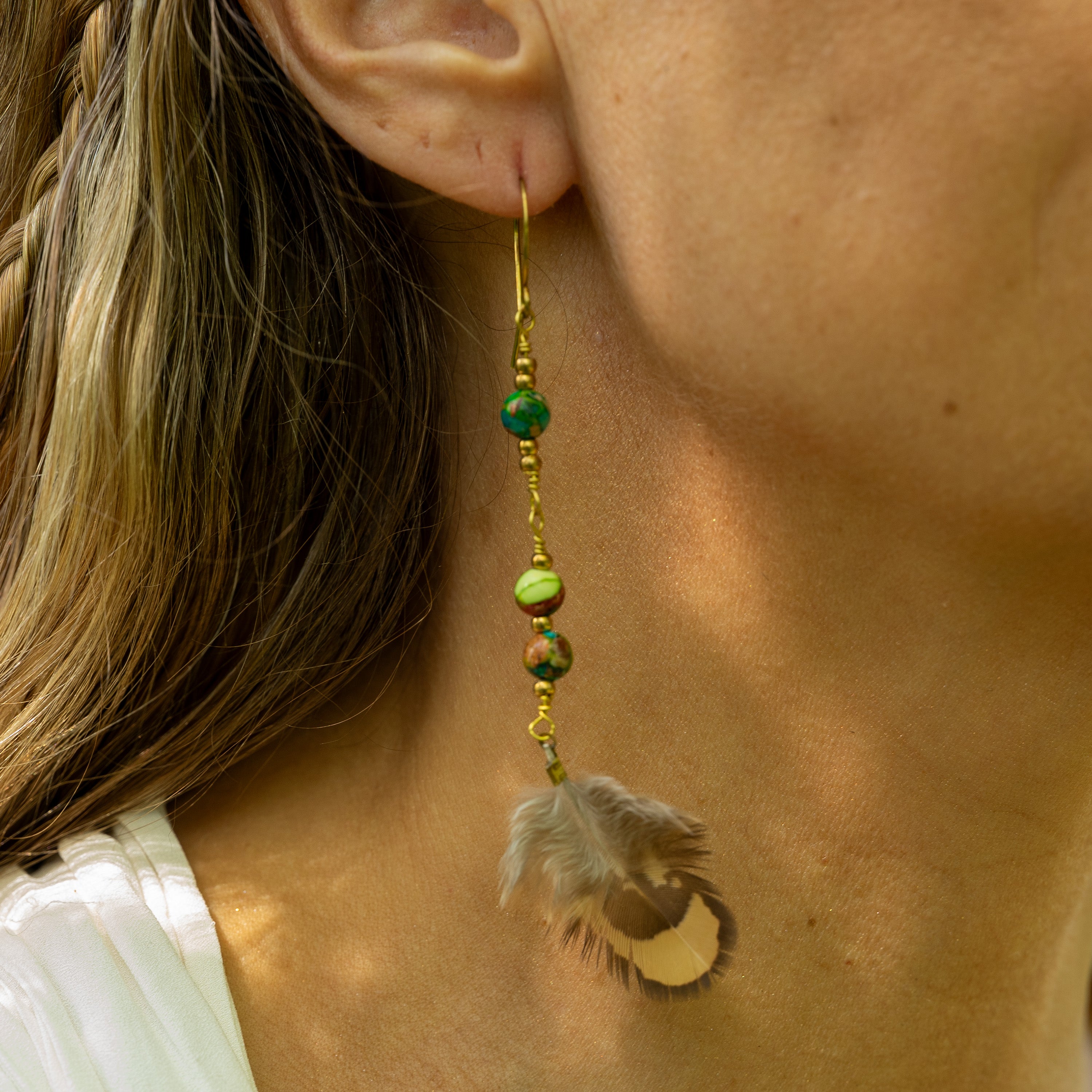 Sea Sediment Jasper & Feather Short Earrings in Brass