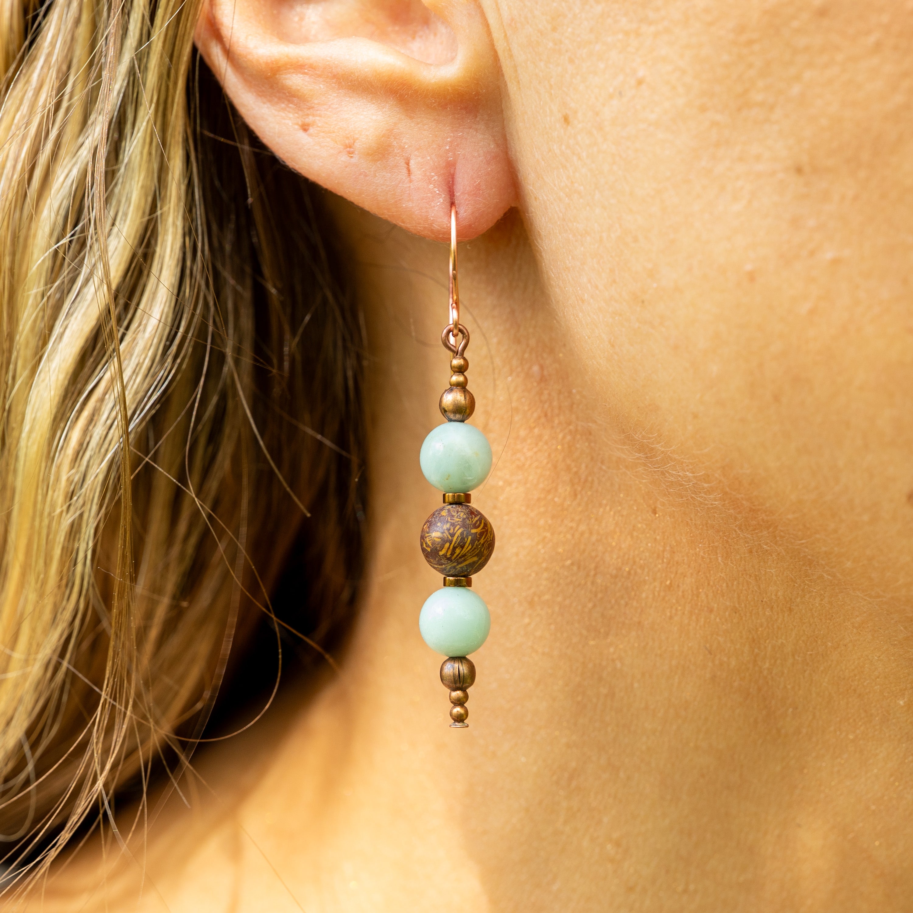 Amazonite & Elephant Skin Jasper Earrings in Copper