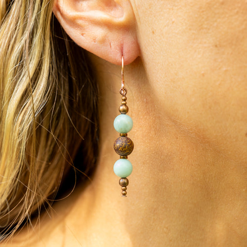 Amazonite & Elephant Skin Jasper Earrings in Copper