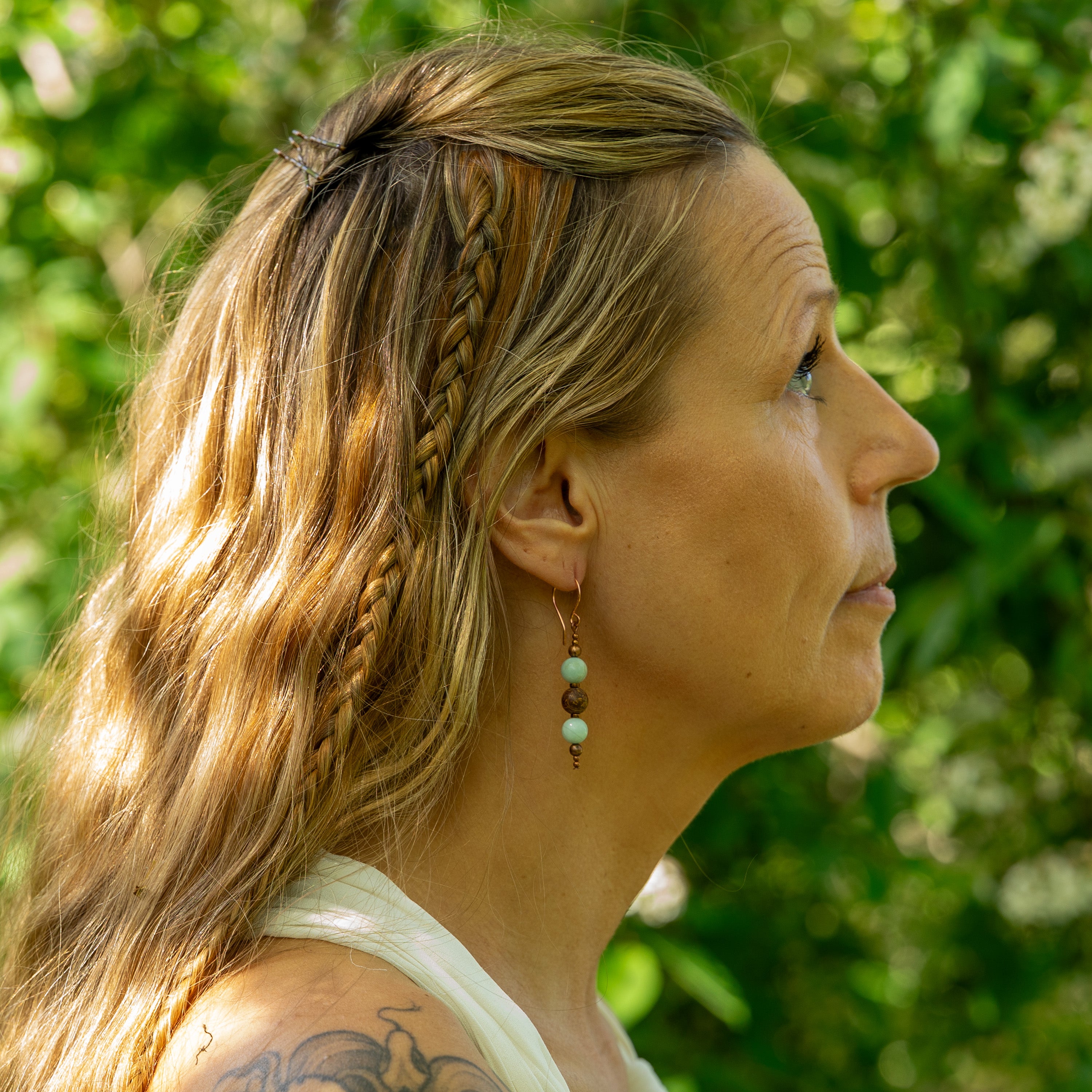 Amazonite & Elephant Skin Jasper Earrings in Copper