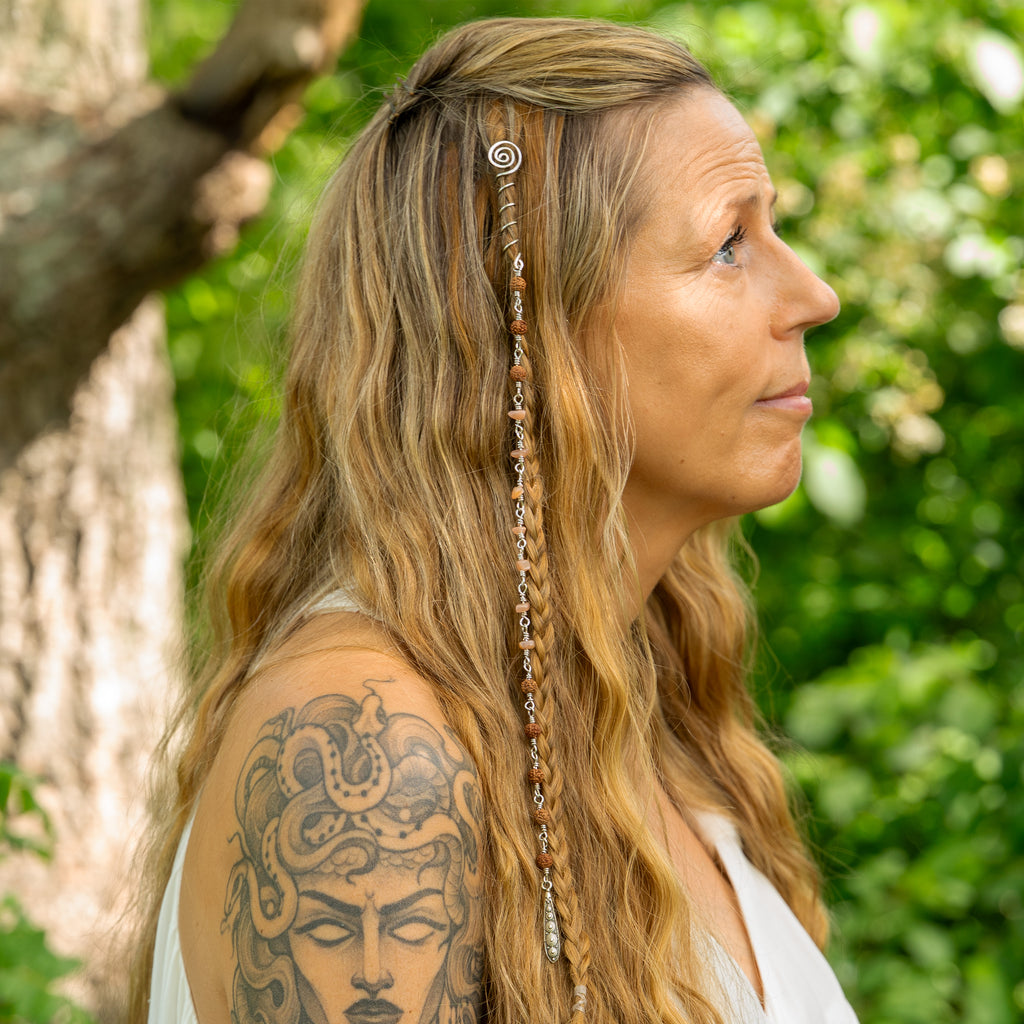 Orange Moonstone & Rudraksha Hair Twist in Stainless Steel