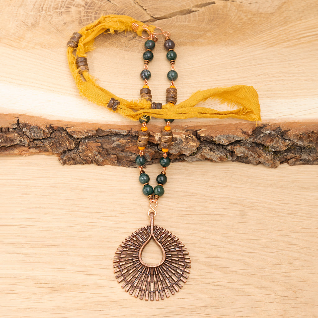 Bohemian Necklace with Bloodstone, Copper & Fabric