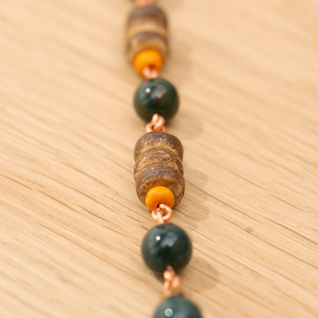Bohemian Necklace with Bloodstone, Copper & Fabric