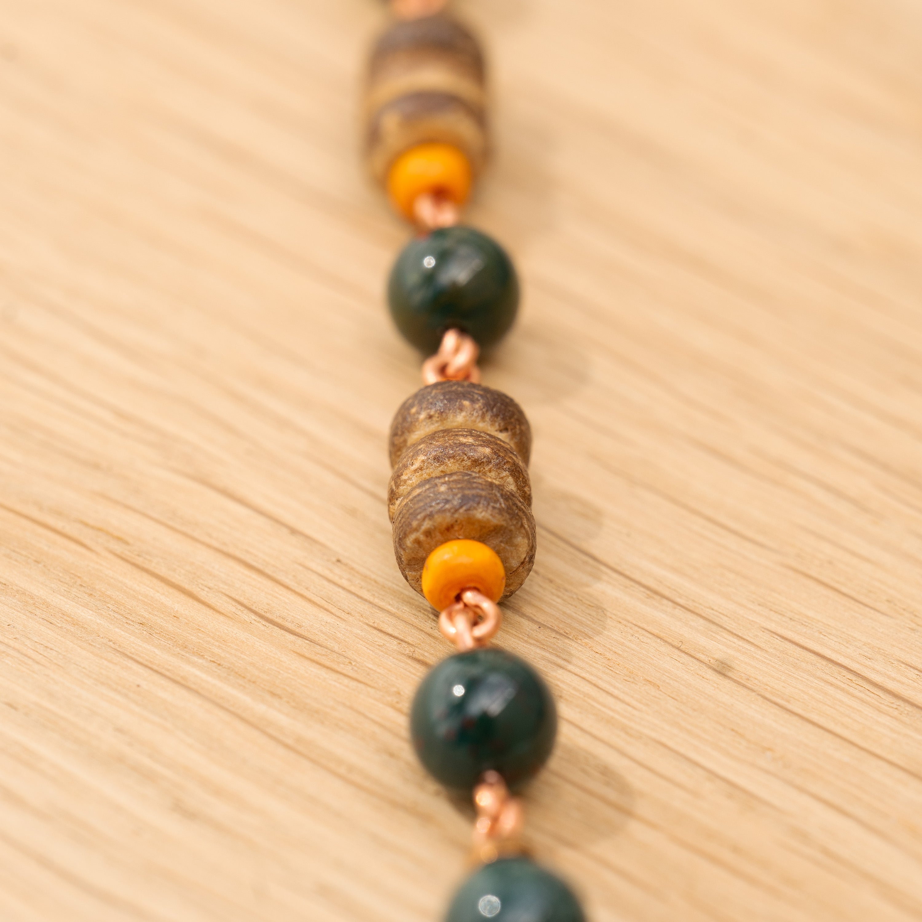 Bohemian Necklace with Bloodstone, Copper & Fabric
