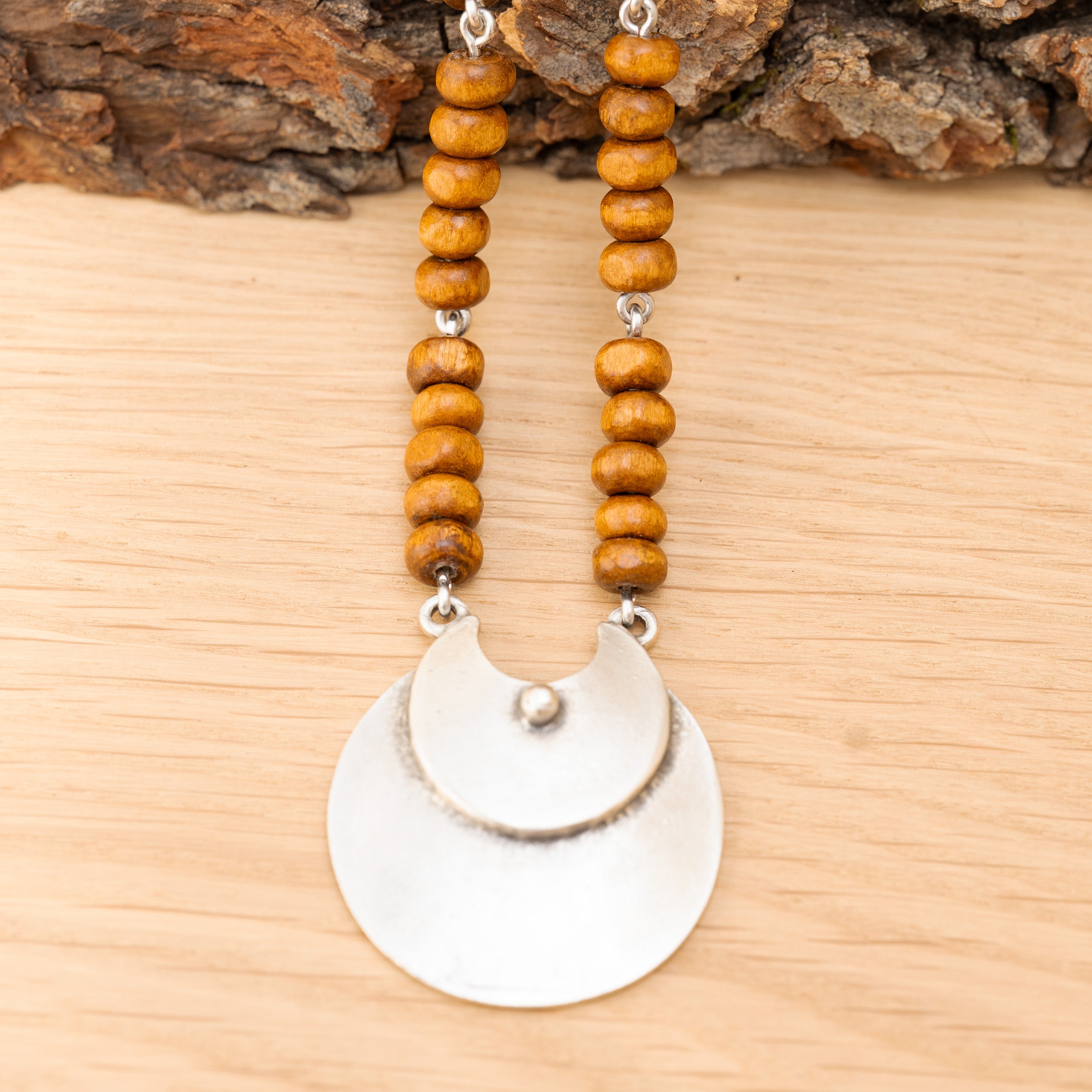 Aventurine and Wood Beads Necklace in Stainless Steel