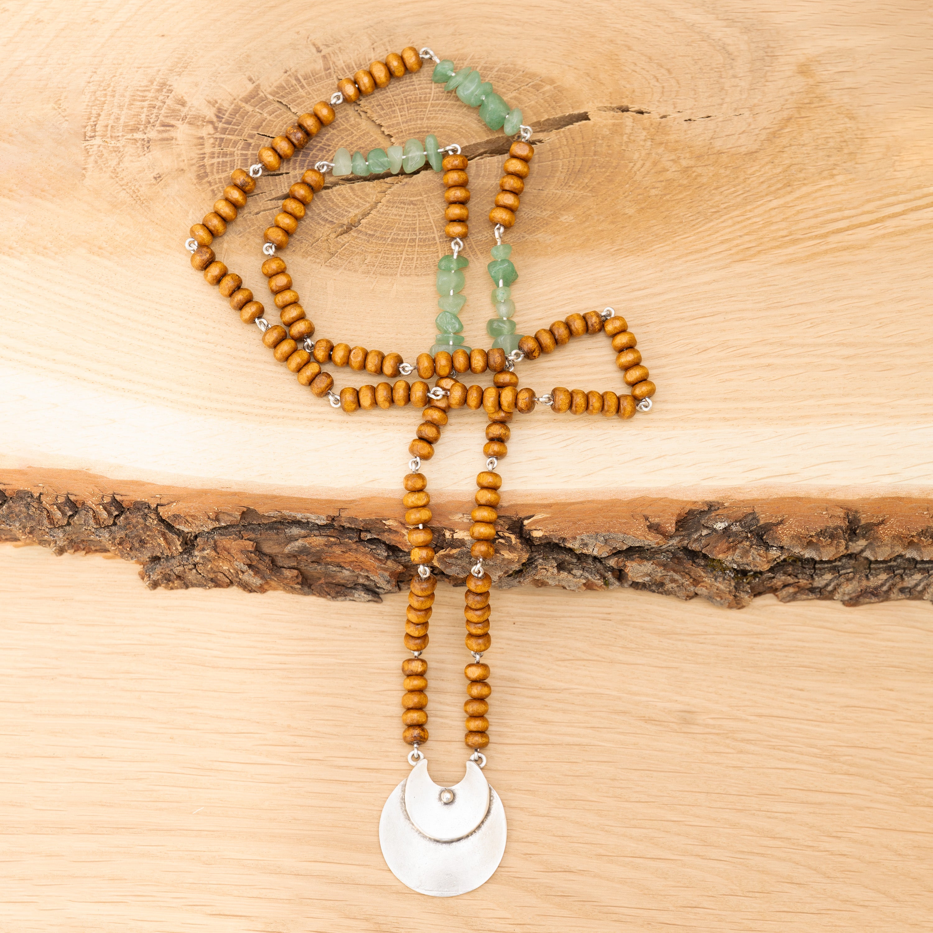 Aventurine and Wood Beads Necklace in Stainless Steel