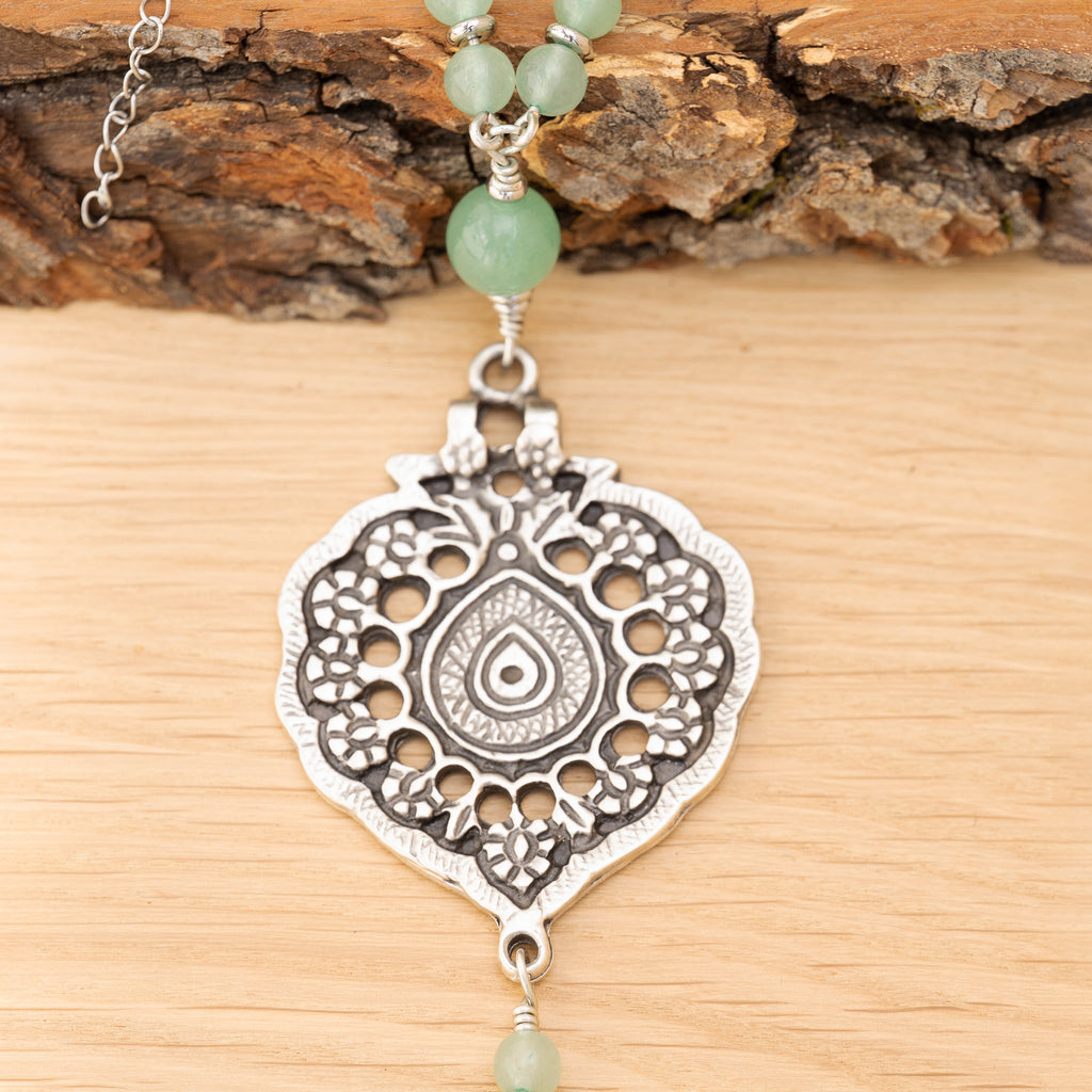 Aventurine & DZI Bead Necklace in Stainless Steel