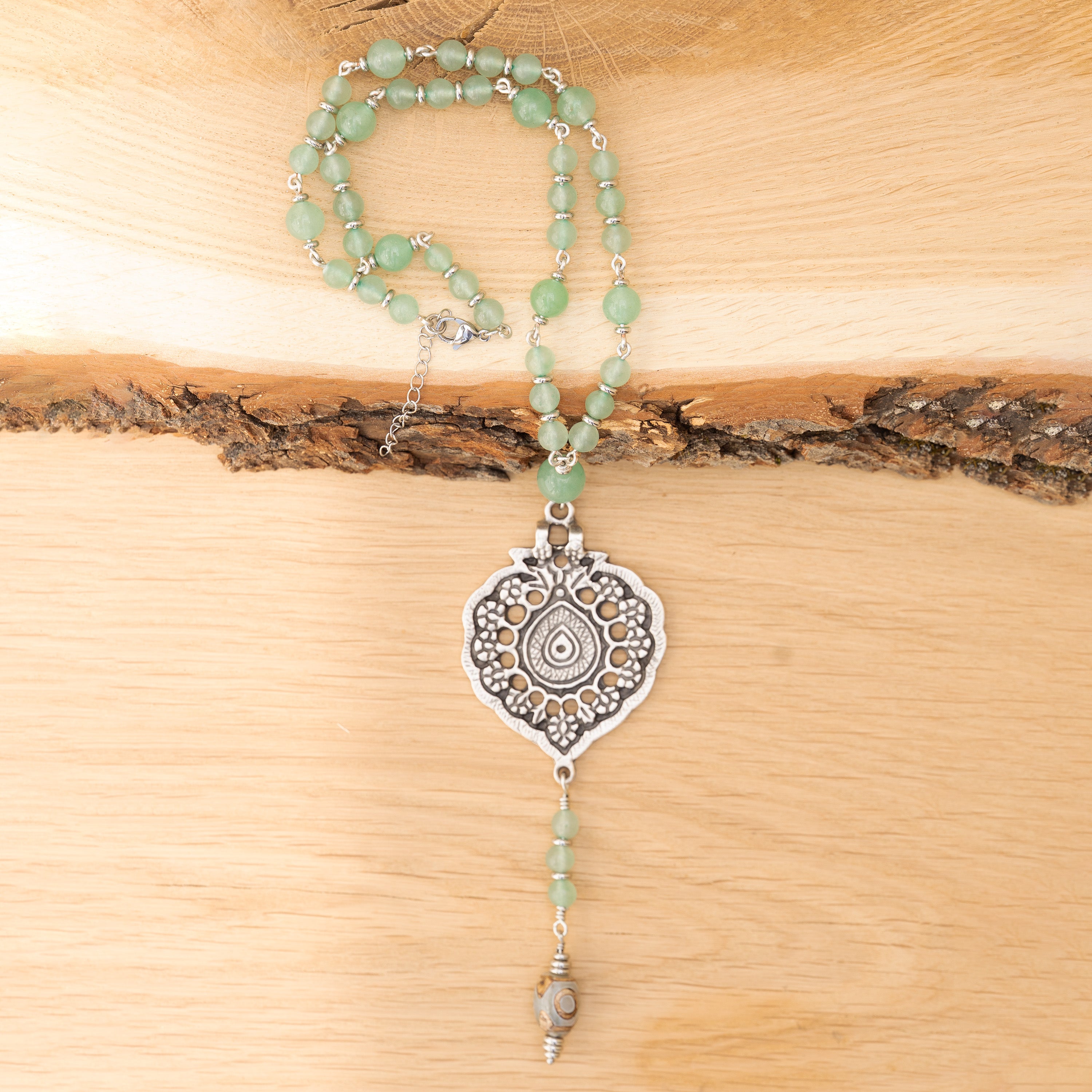 Aventurine & DZI Bead Necklace in Stainless Steel