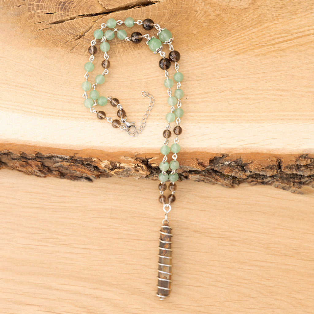 Aventurine & Smoky Quartz Necklace in Stainless Steel