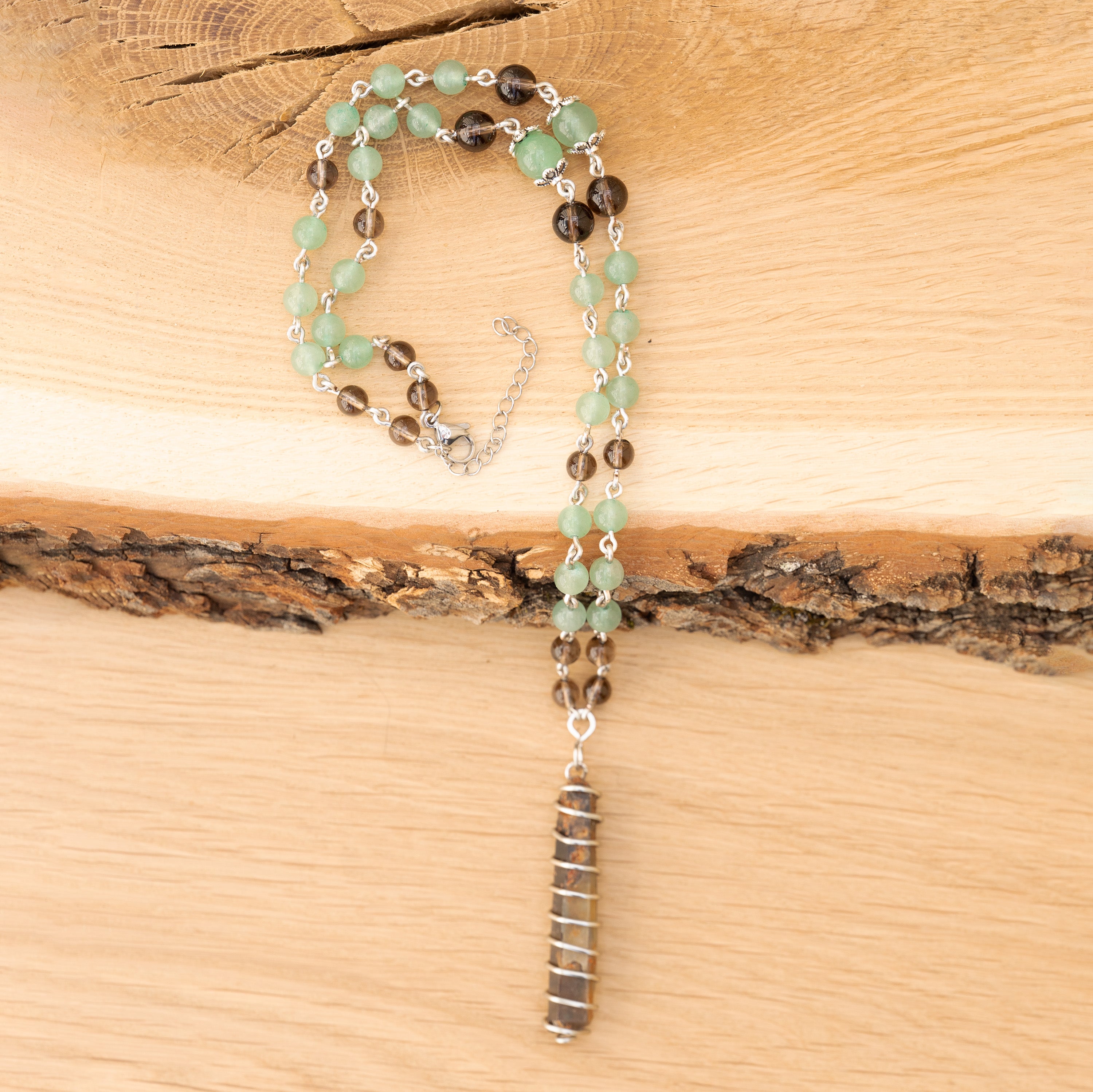 Aventurine & Smoky Quartz Necklace in Stainless Steel