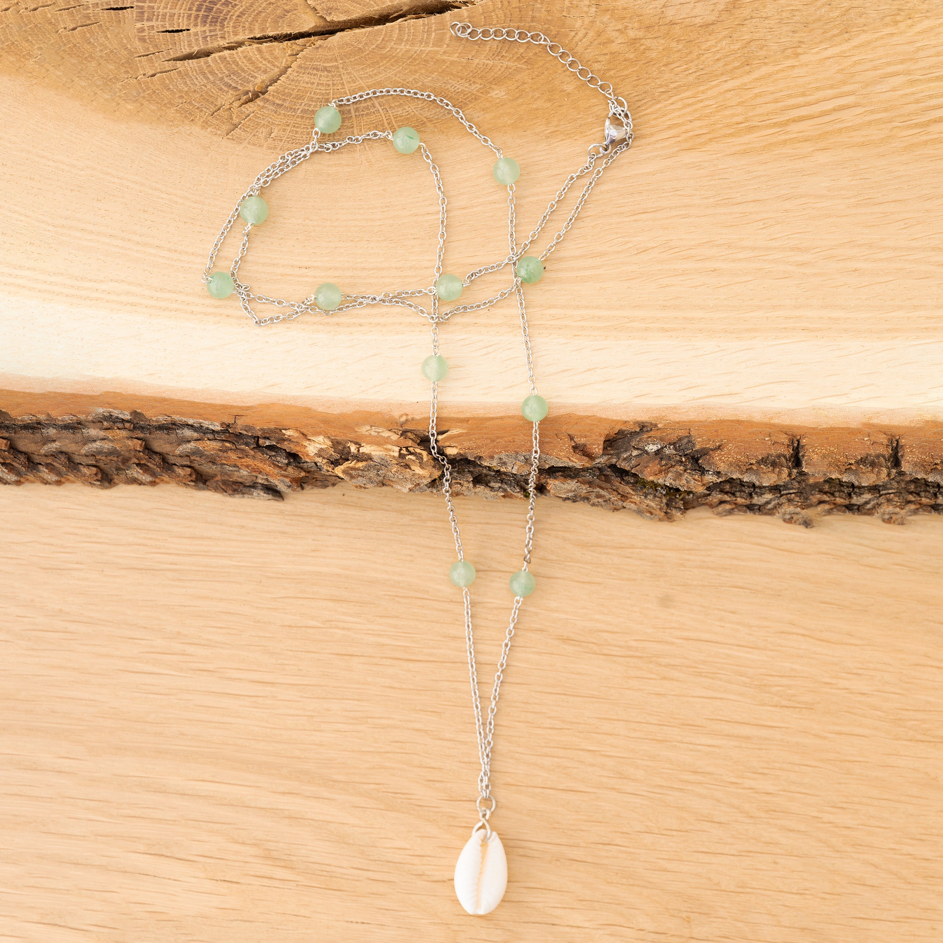 Aventurine, Chains & Cowrie Shell Necklace in Stainless Steel