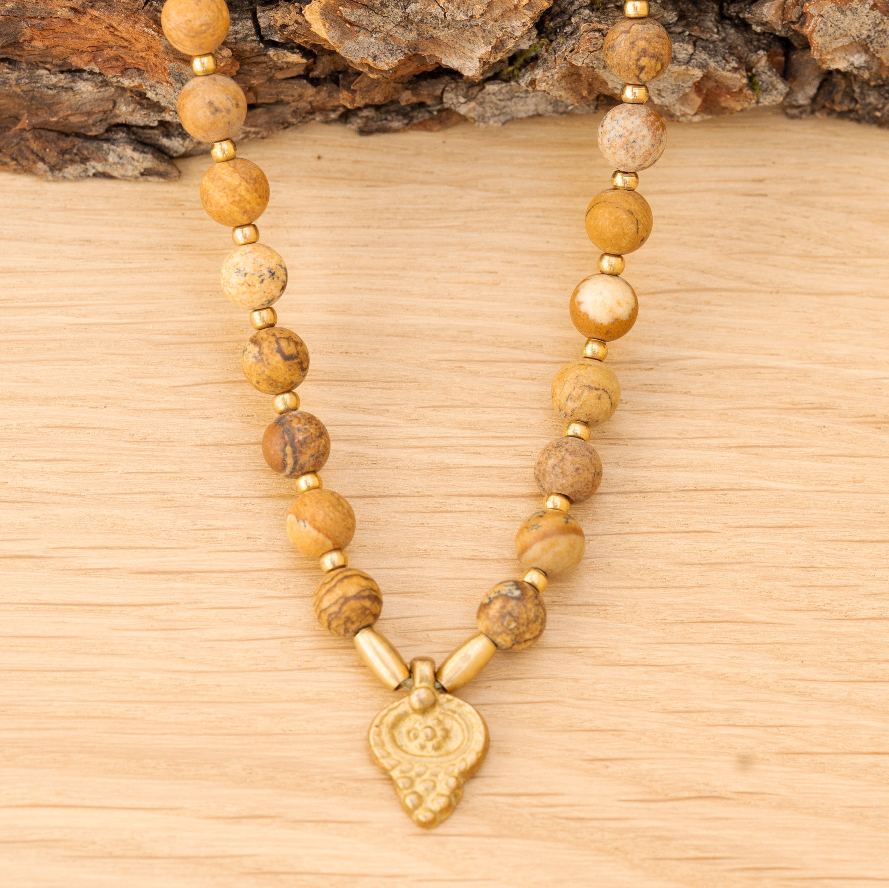 Bohemian Necklace with Landscape Jasper & Brass Pendant