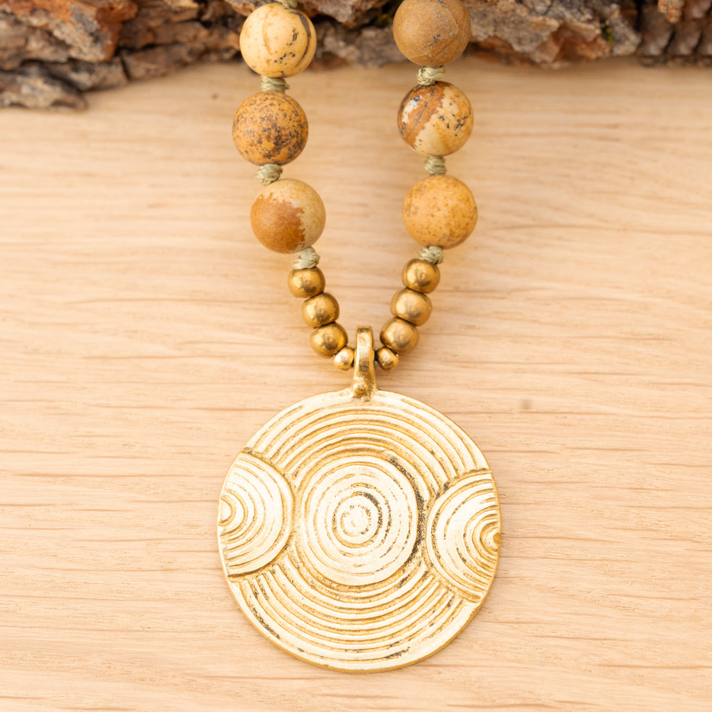 Bohemian Necklace with Landscape Jasper, Handknotted Thread & Brass Pendant