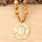 Bohemian Necklace with Landscape Jasper, Handknotted Thread & Brass Pendant