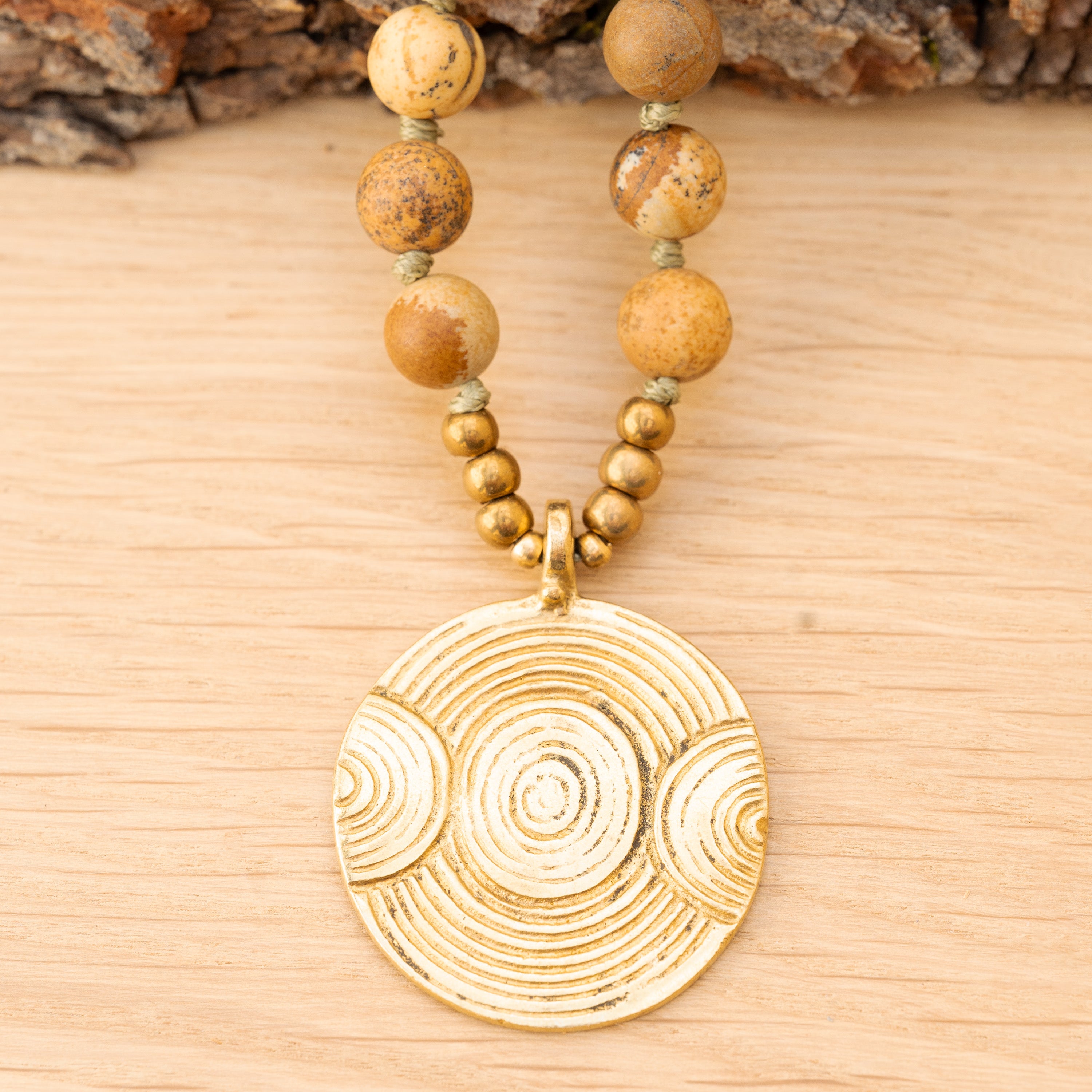 Bohemian Necklace with Landscape Jasper, Handknotted Thread & Brass Pendant