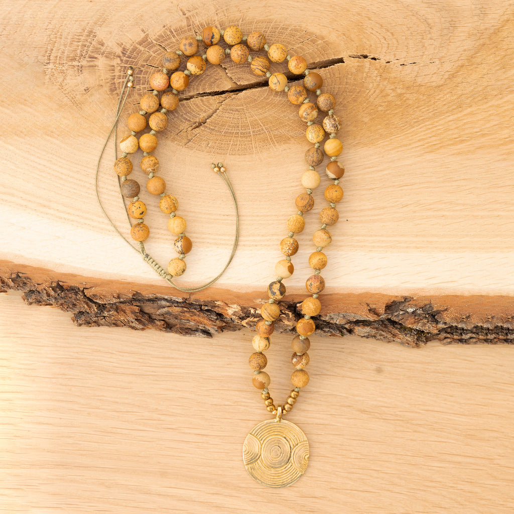 Bohemian Necklace with Landscape Jasper, Handknotted Thread & Brass Pendant