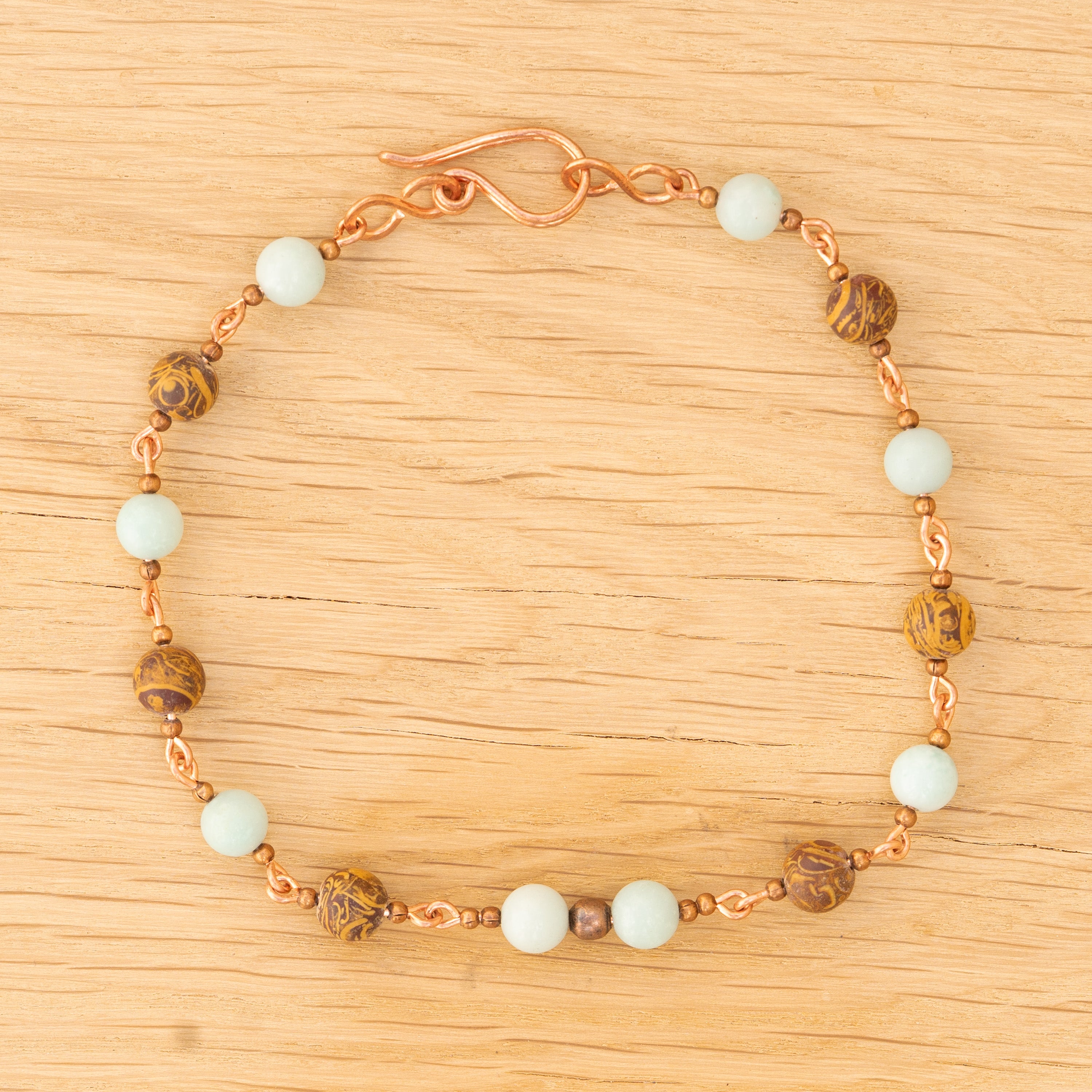 Amazonite & Elephant Skin Jasper Anklet in Copper